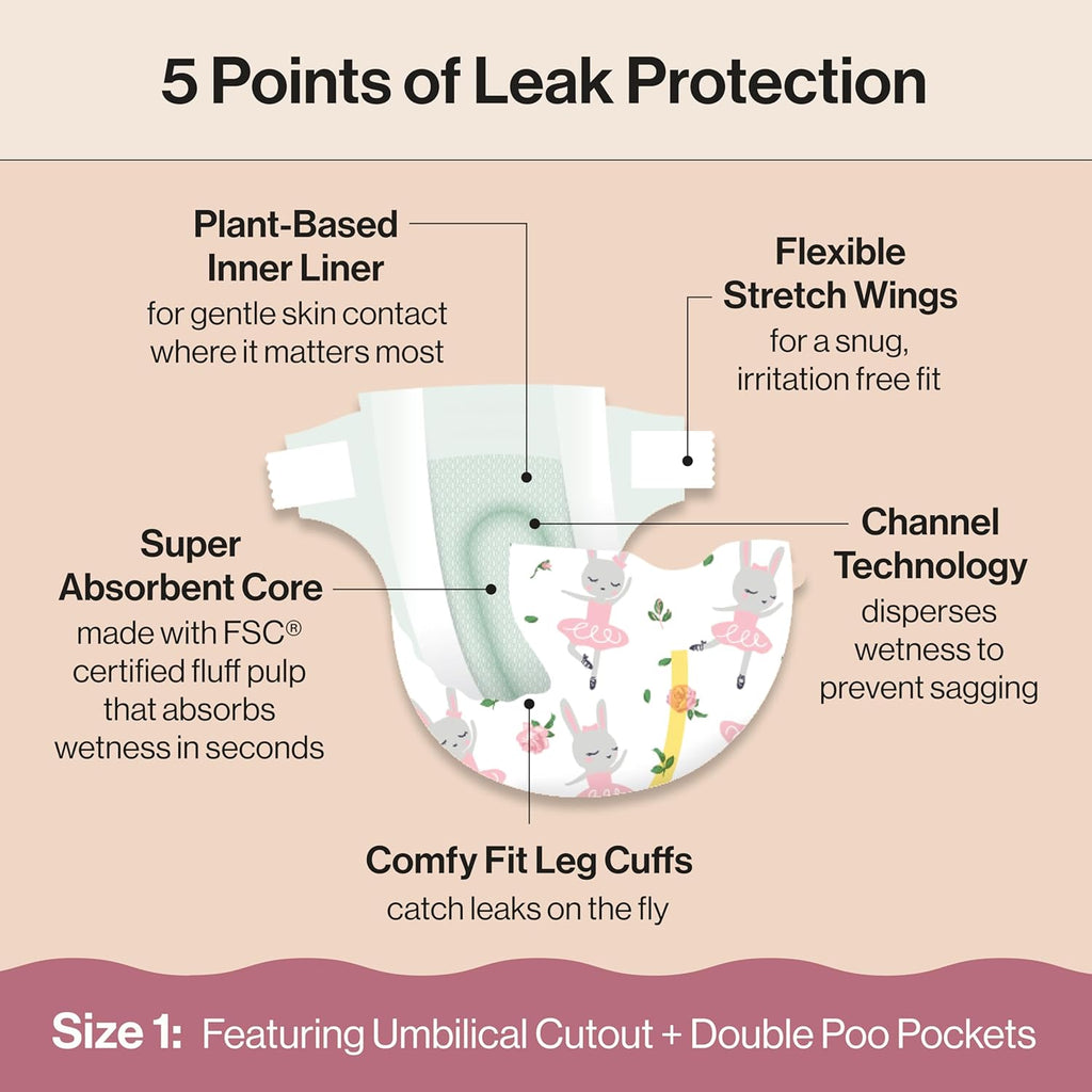 The Honest Company Clean Conscious Diapers for Delicate Skin | Up to 100% Leakproof | Hypoallergenic, Fragrance Free | Girl Prints | Club Box, Size 1 (8-14 lbs), 78 Count (Prints May Vary)