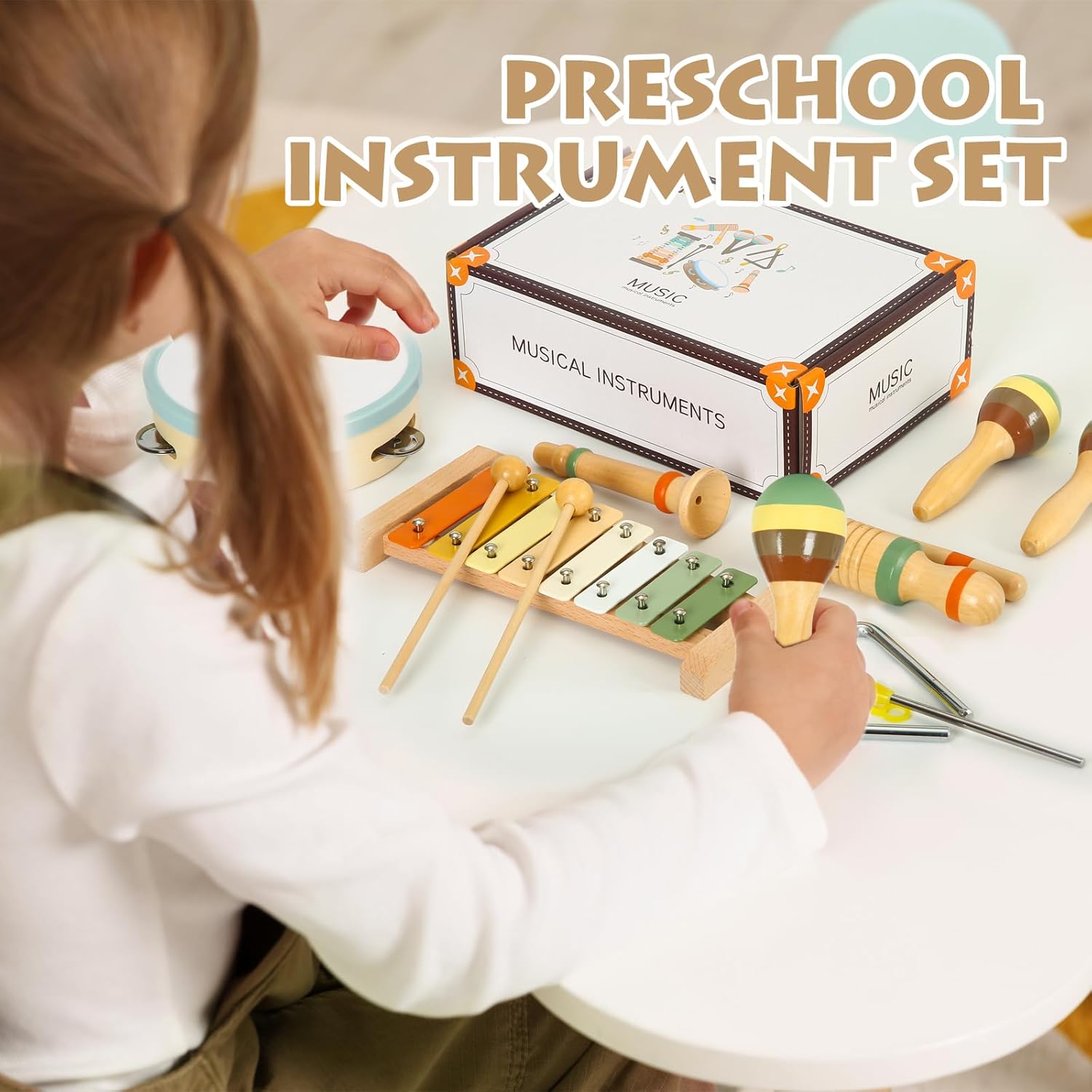 Musical Instruments Set Toys for Toddlers 1-3 - Neutral Colors Wooden Montessori Toys Percussion Music Modern Xylophone Drum Birthday Chirstmas Gifts for 1 2 3 Year Old Kids Baby Toddlers Boys Girls