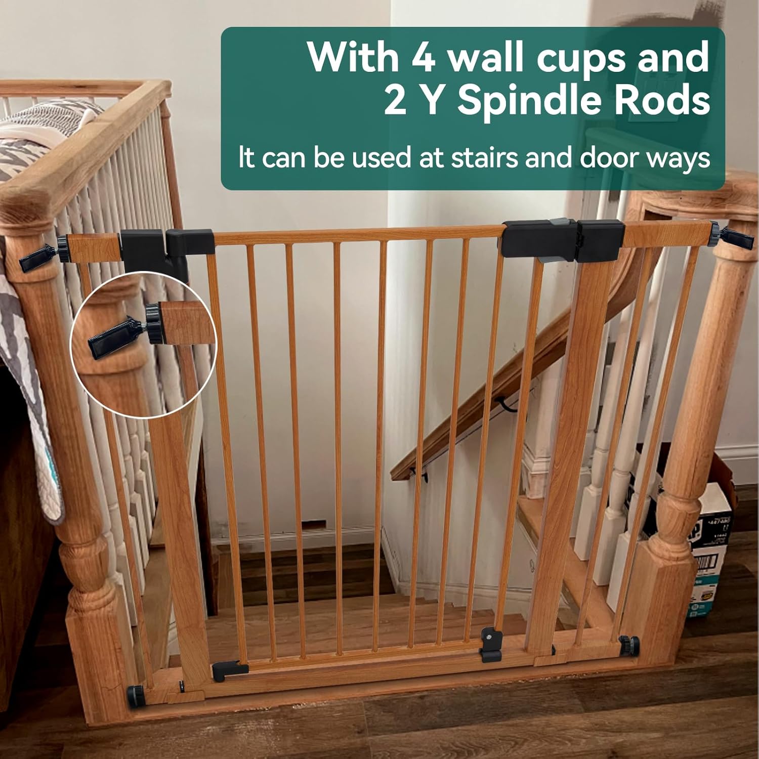 BABELIO 29-40" Metal Baby Gate with Wood Pattern, Auto Close Dog/Pet Door for The House、Stairs and Doorways, Pressure Mounted Barrierr, NO Tools Needed