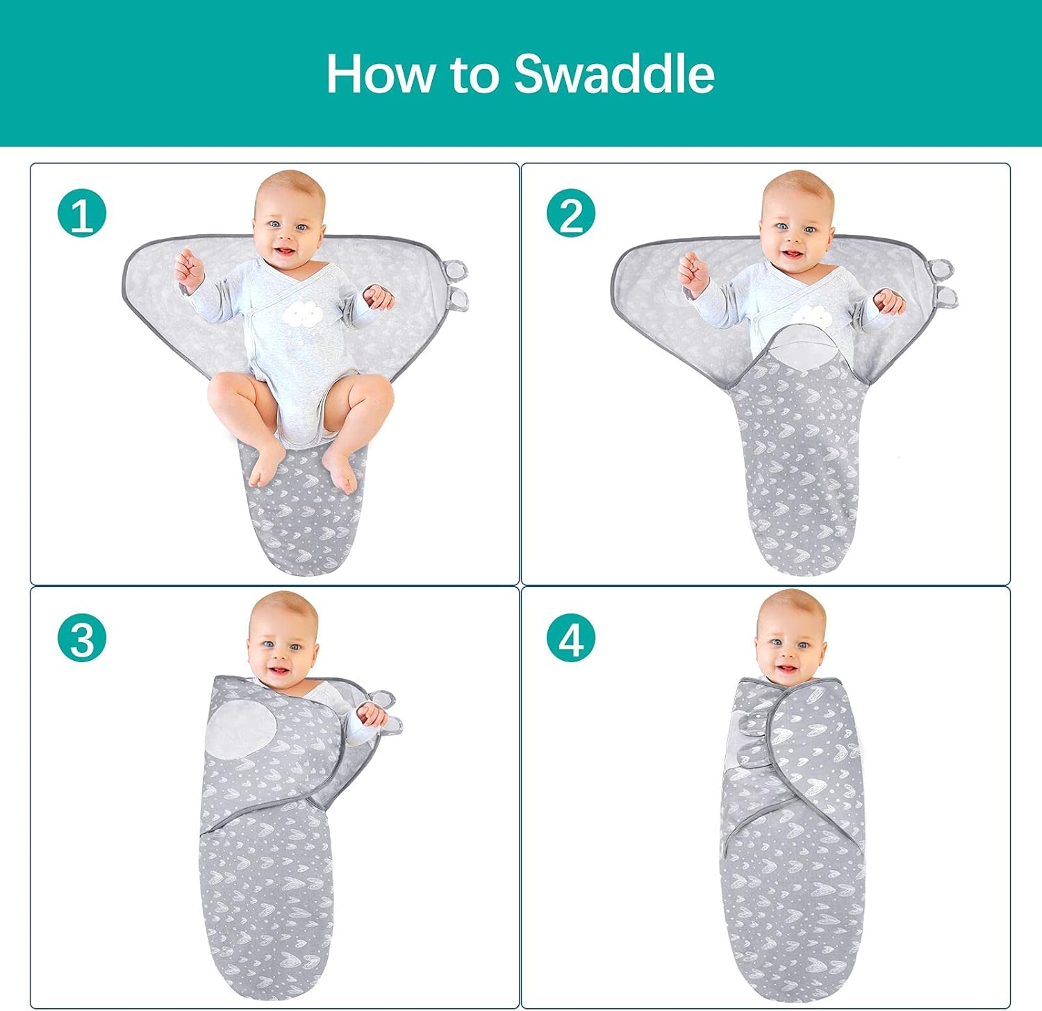 Biloban Baby Swaddles 0-3 Months for Boy & Girl, Cotton Swaddle Blanket, Newborn Essentials, Lovely Grey Print, 4 Pack