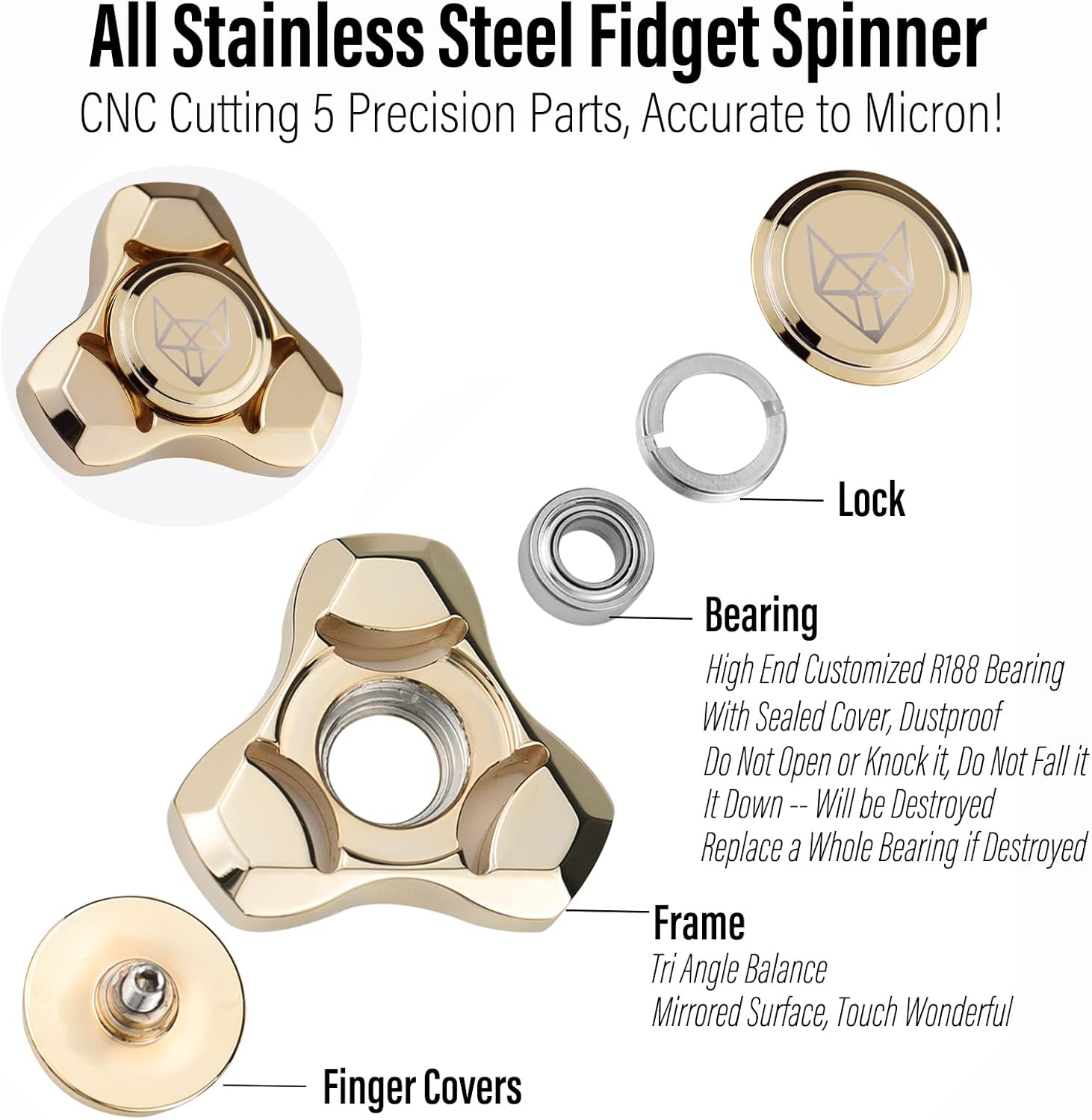 FREELOVE Metal Fidget Spinner, Stainless Steel Heavy, Long Spinning Toys, Cool Silent, Small Mini Fox Figette Spiner for Adults Men Anxiety, Quiet Bearing, Gold
