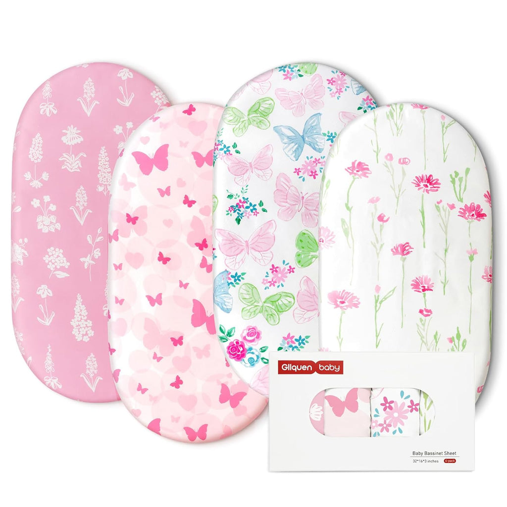 Gllquen Baby Bassinet Sheets 4 Pack, Breathable Cozy Fitted Mattress Sheet, Elastic Travel Crib Fashionable Floral Pattern, Standard Cradle Safe Sheets for Baby Boys Girls 32"x16" (Butterfly)