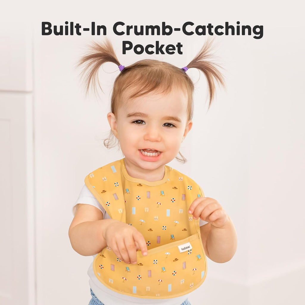 3-Pack Waterproof Baby Bibs for Eating - Lightweight Toddler Feeding Bibs with Large Food Catcher, Mess Proof, Food-Grade Baby Eating Essentials, Easy to Put On & Clean (Beach Day)