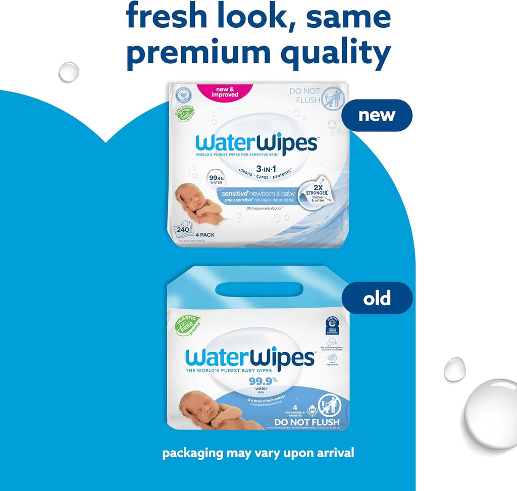 WaterWipes Sensitive+ Newborn & Baby Wipes, 3-In-1 Cleans, Cares, Protects, 99.9% Water, Unscented & Hypoallergenic, 240 Count (4 Packs)