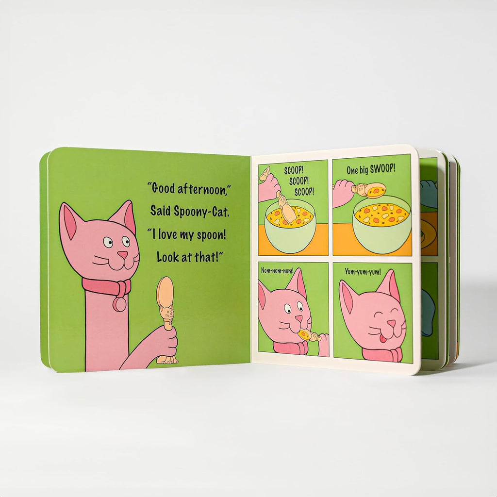 Made in USA Spoon la la Toddler Utensils Set (2 Pack) & Board Book - Spoon & Fork for Kids, Self-Standing 3D Ergonomic Cat & Dog Handles, BPA-free, Dishwasher Safe Baby Silverware (Pink)