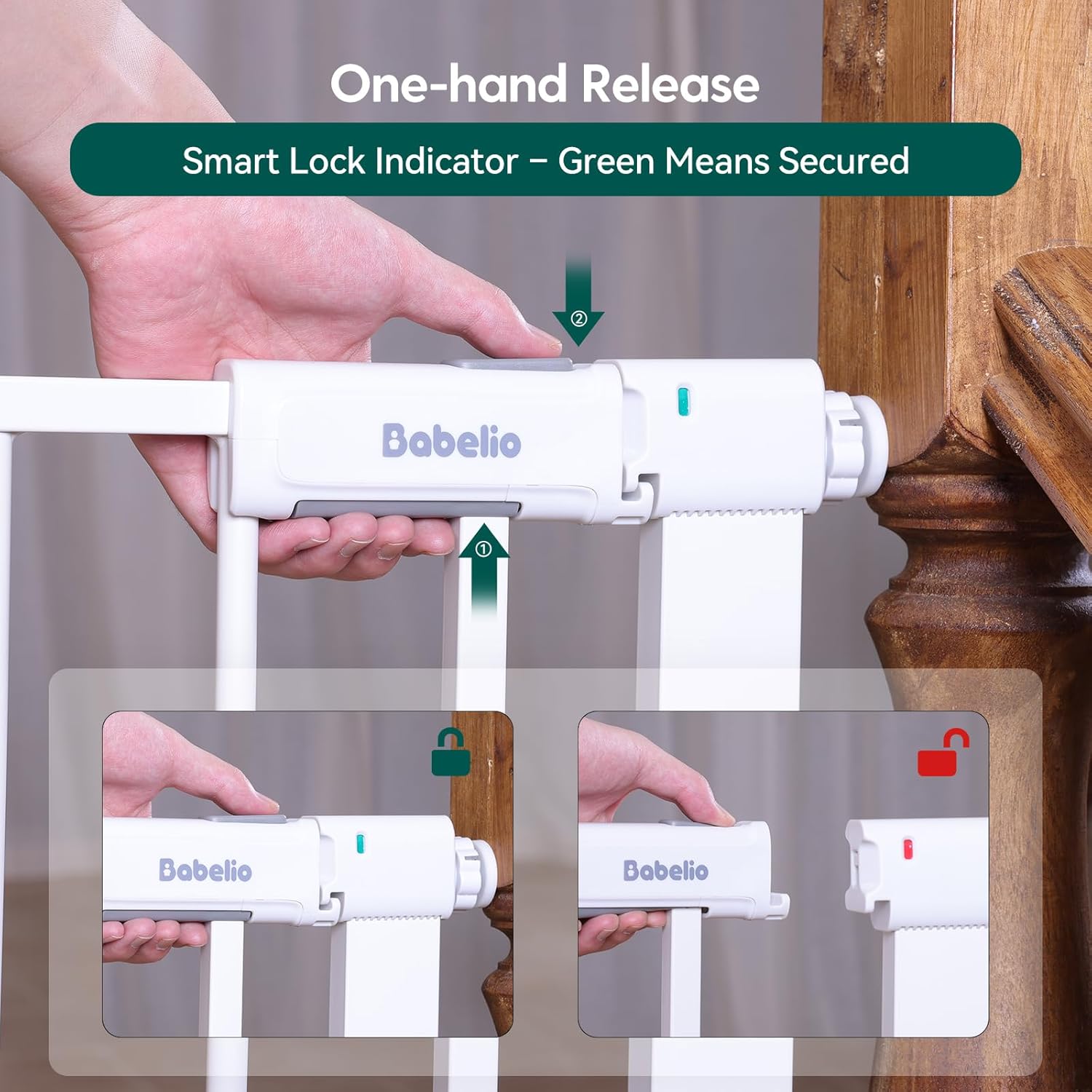 BABELIO Baby Gate for Doorways and Stairs, 36-41" Pet Gate with Wide Walk Thru Door and Lock Indicator, No Drill Pressure Mounted Safety Gate with Double Lock and Self-Closing, White