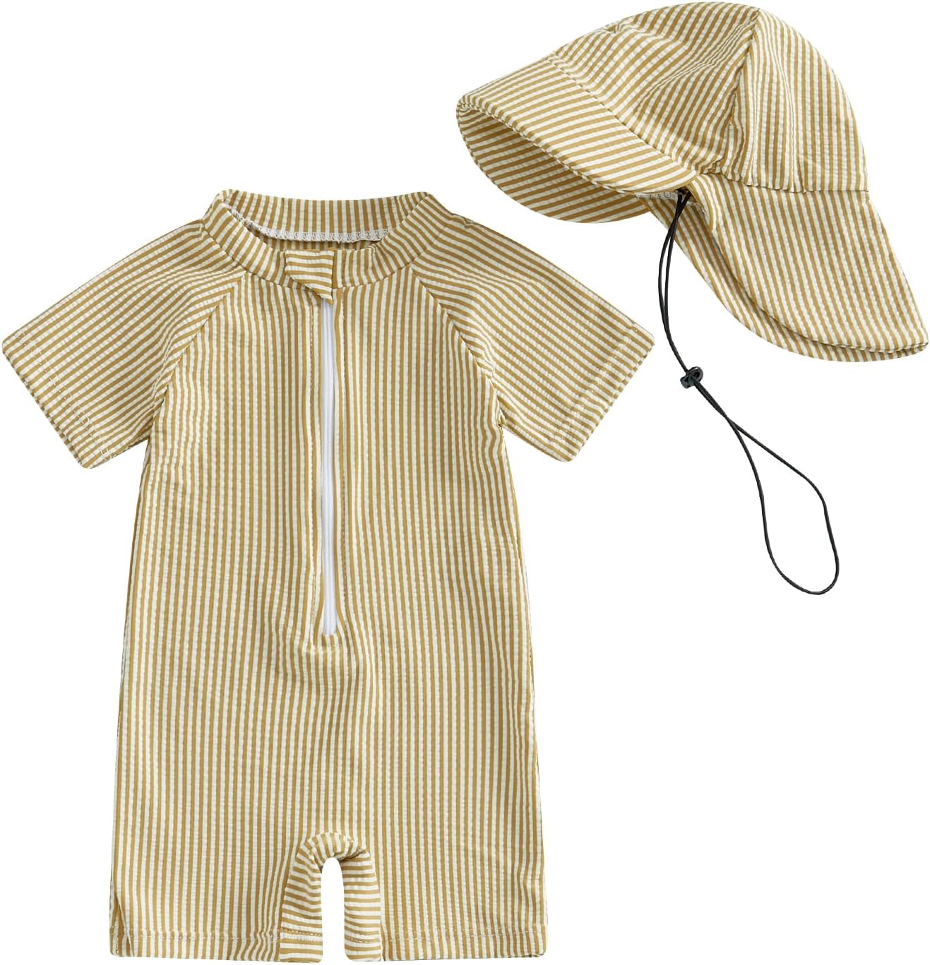 Toddler Baby Boys Seersucker Short Sleeve One Piece Rash Guard Swimsuit Zipper Bathing Suit Swimwear with Hat