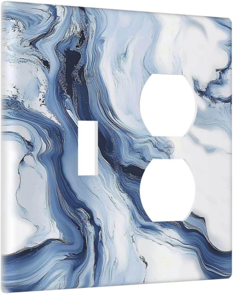 Wallplates White Marble Navy Blue Line Fluid 1 Toggle 1 Duplex Switch Plate Electrical Gfci Faceplate Decorative Light Switch Covers For Bathroom Kitchen Decor