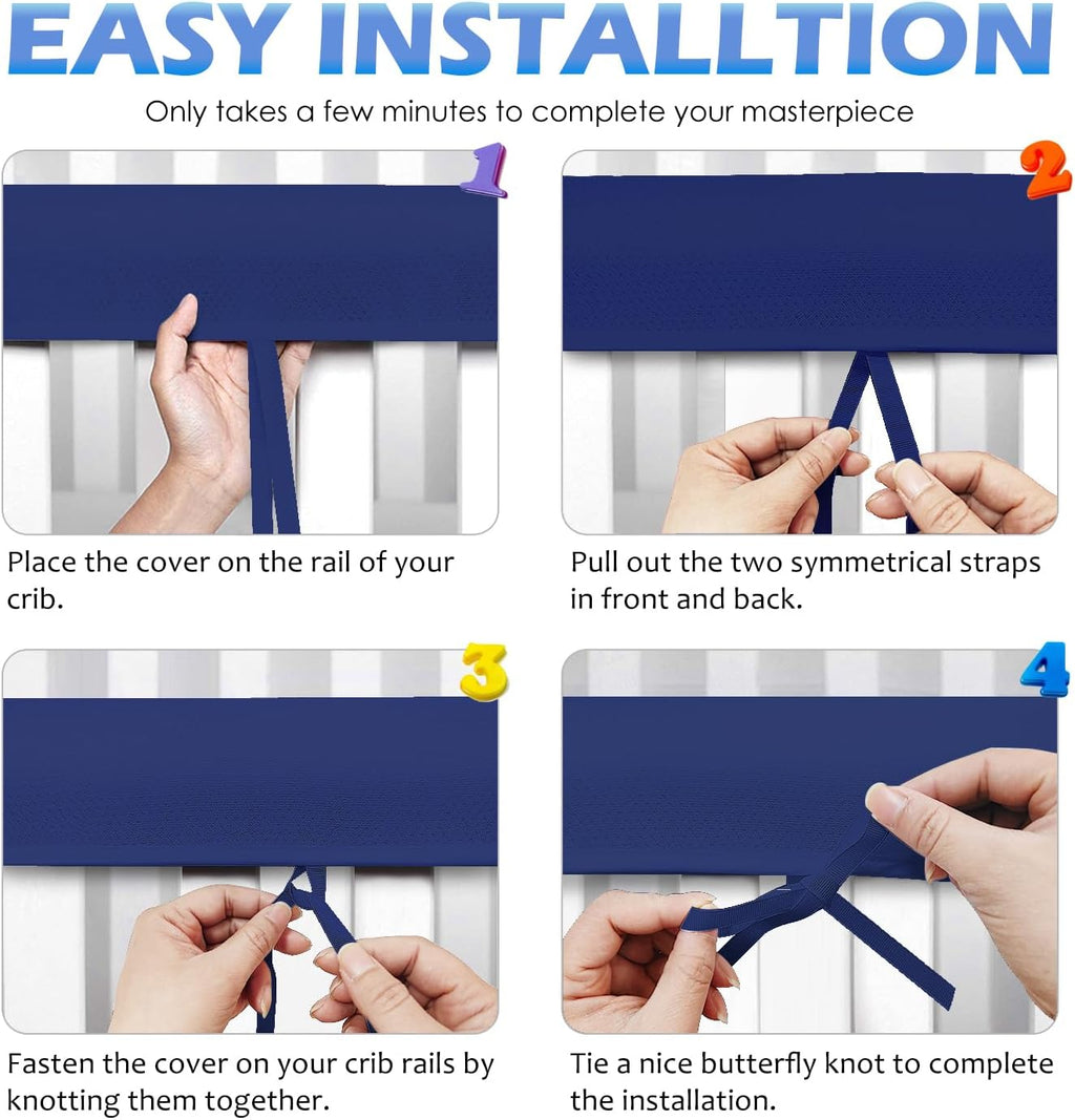 3 in 1 Crib Mesh Liner for Life Size Cribs,White Soft Anti-Collision Strip Corner Covers,Protect Baby Teeth and Save Crib Rails, Rail Edge Protector Strip (Blue)