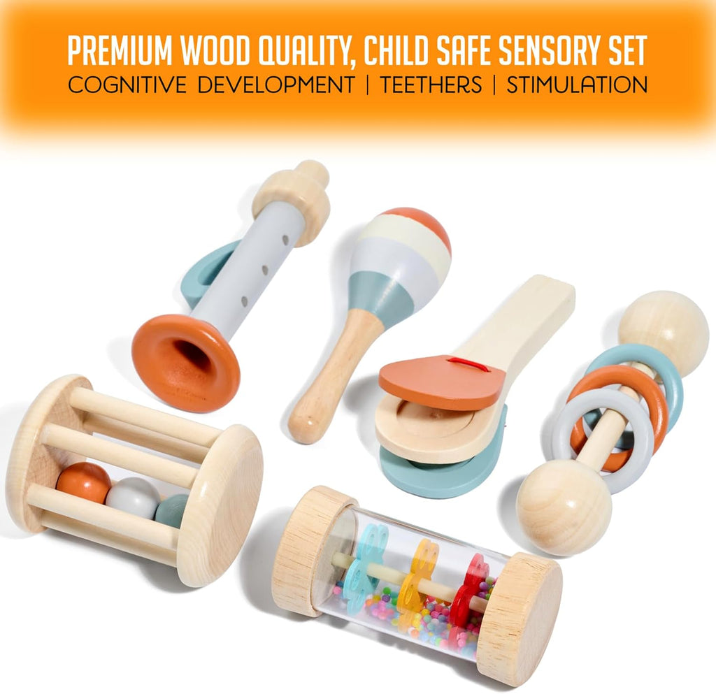 Montessori Mama Baby Rattle and Musical Set, 6 Piece Wooden Infant Toy