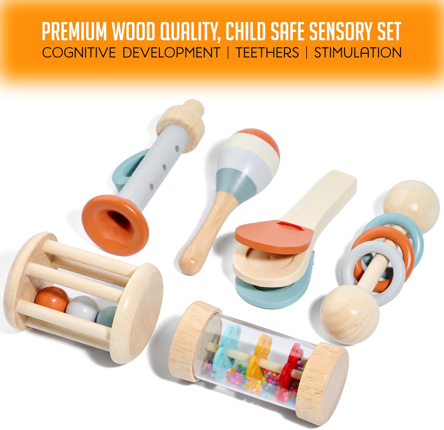 Montessori Mama Baby Rattle and Musical Set, 6 Piece Wooden Infant Toy