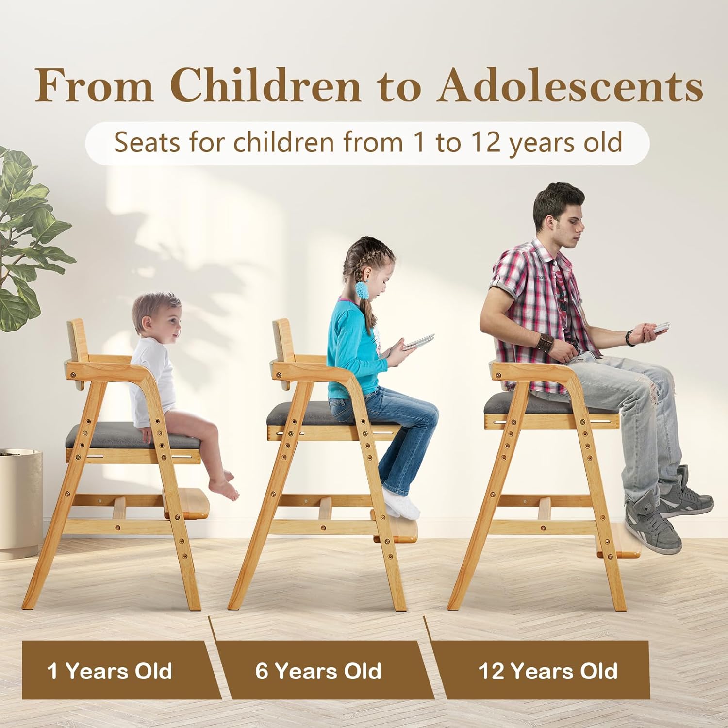 Solid Wood High Chair for Toddlers to Teens, Adjustable Height Toddler Dining Chair, Easy to Clean Toddler Highchair with Removable PU Cushion for Dining, Studying, Step Tool, Natural