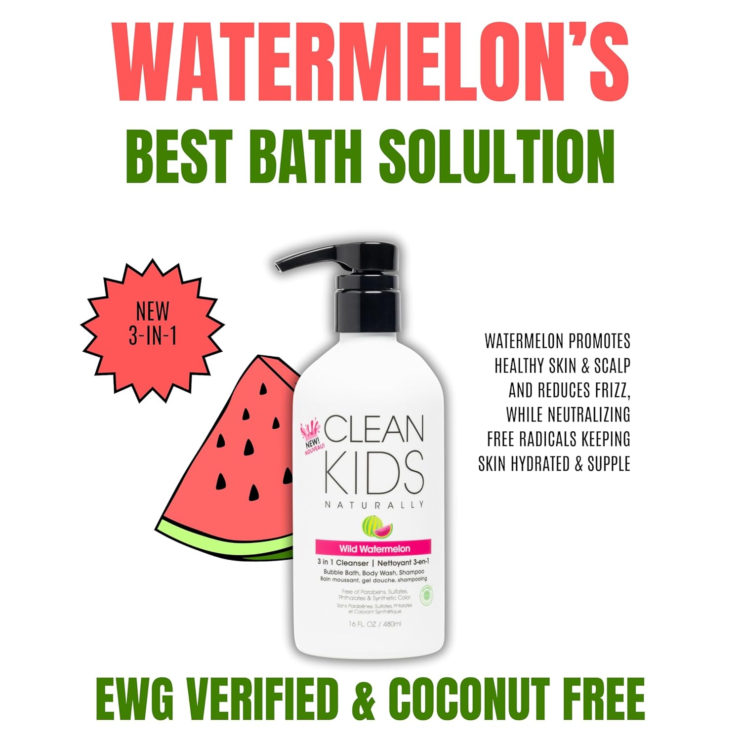 Gabriel Cosmetics Clean Kids Naturally Wild Watermelon 3-in-1 Shampoo, Cleanser & Bubble Bath (16 Fl Oz (1 Bottle), Watermelon 3-in-1)