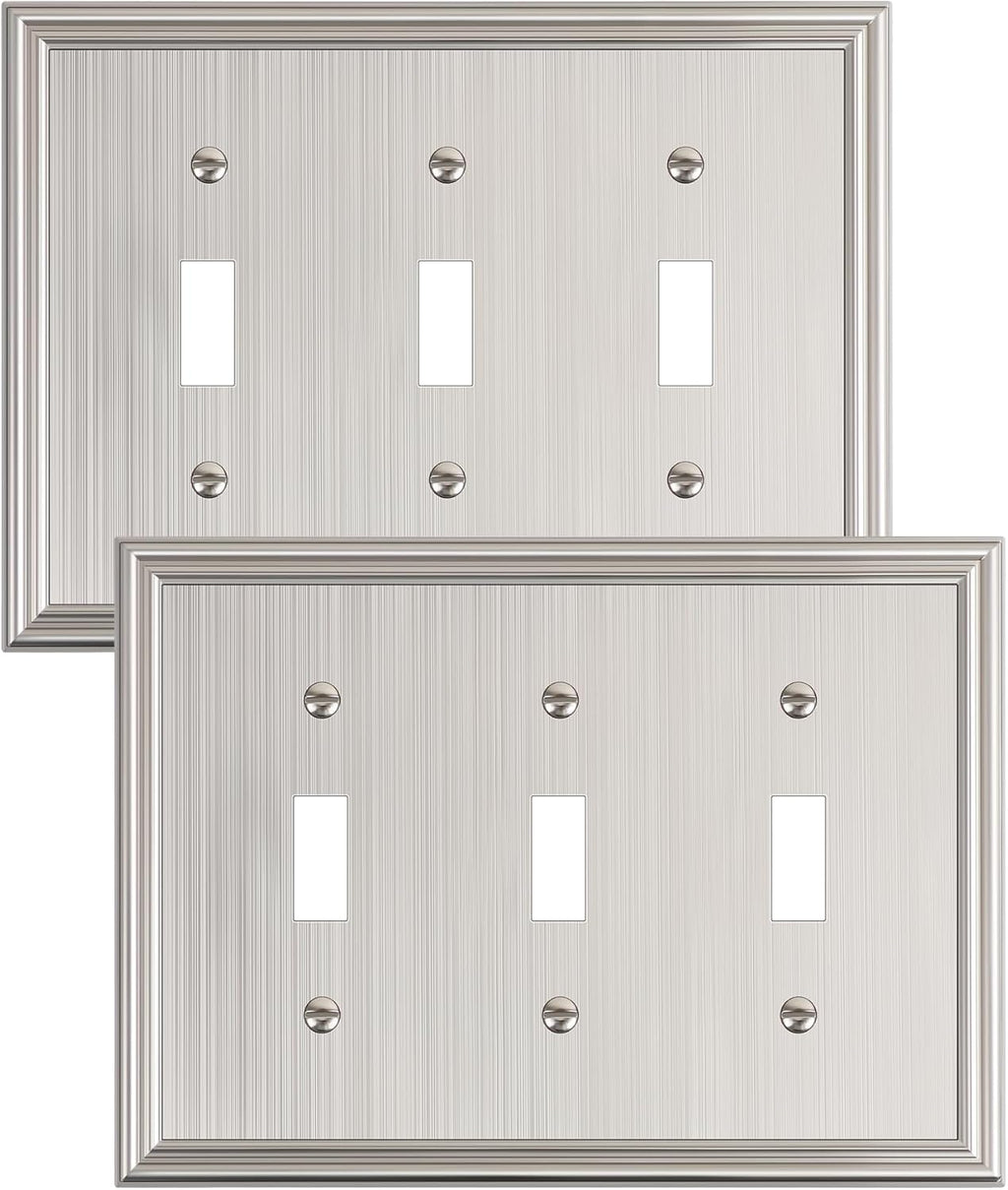 2-Pack Triple Toggle Light Switch Cover Plate, Durable Solid Zinc Alloy Decorative Switch Plate Covers, Brushed Nickel 3 Gang Wall Plate, Corrosion Resistant