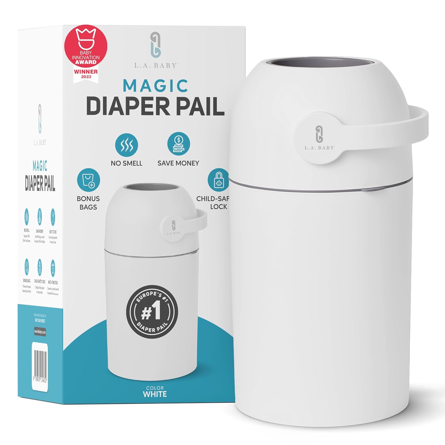 L.A. Baby Magic Diaper Pail - Patented 100% Odor-Free System with Child-Safe Lock - Award-Winning Design - No Refills Required - Works with Regular Trash Bags - White