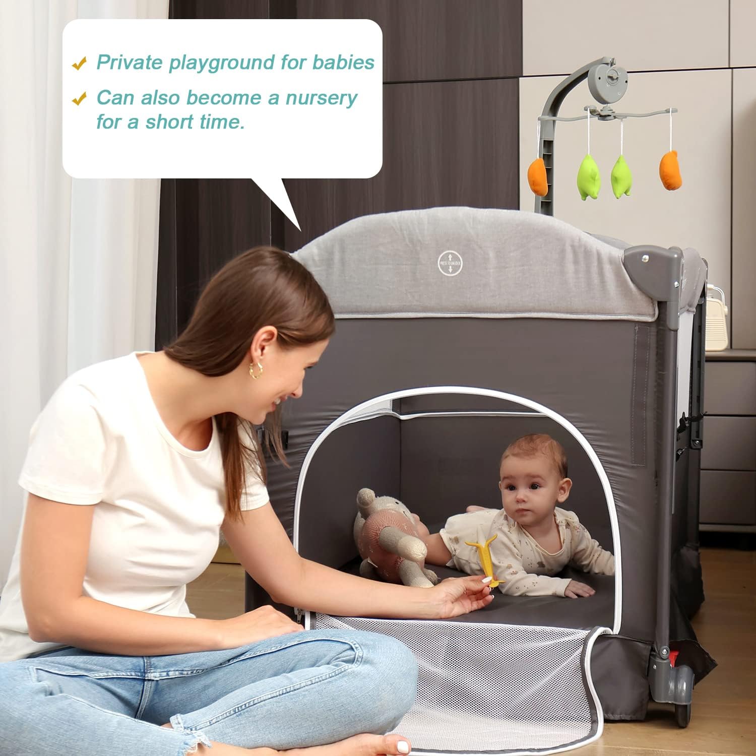 Zdolmy Baby Bedside Sleeper Bassinet, 4-in-1 Pack and Play with Bassinet w/Diaper Changing Table & Storage Bag, 3 Adjustable Heights, Toy Arch & Music, Portable Baby Play Yard with Carry Bag