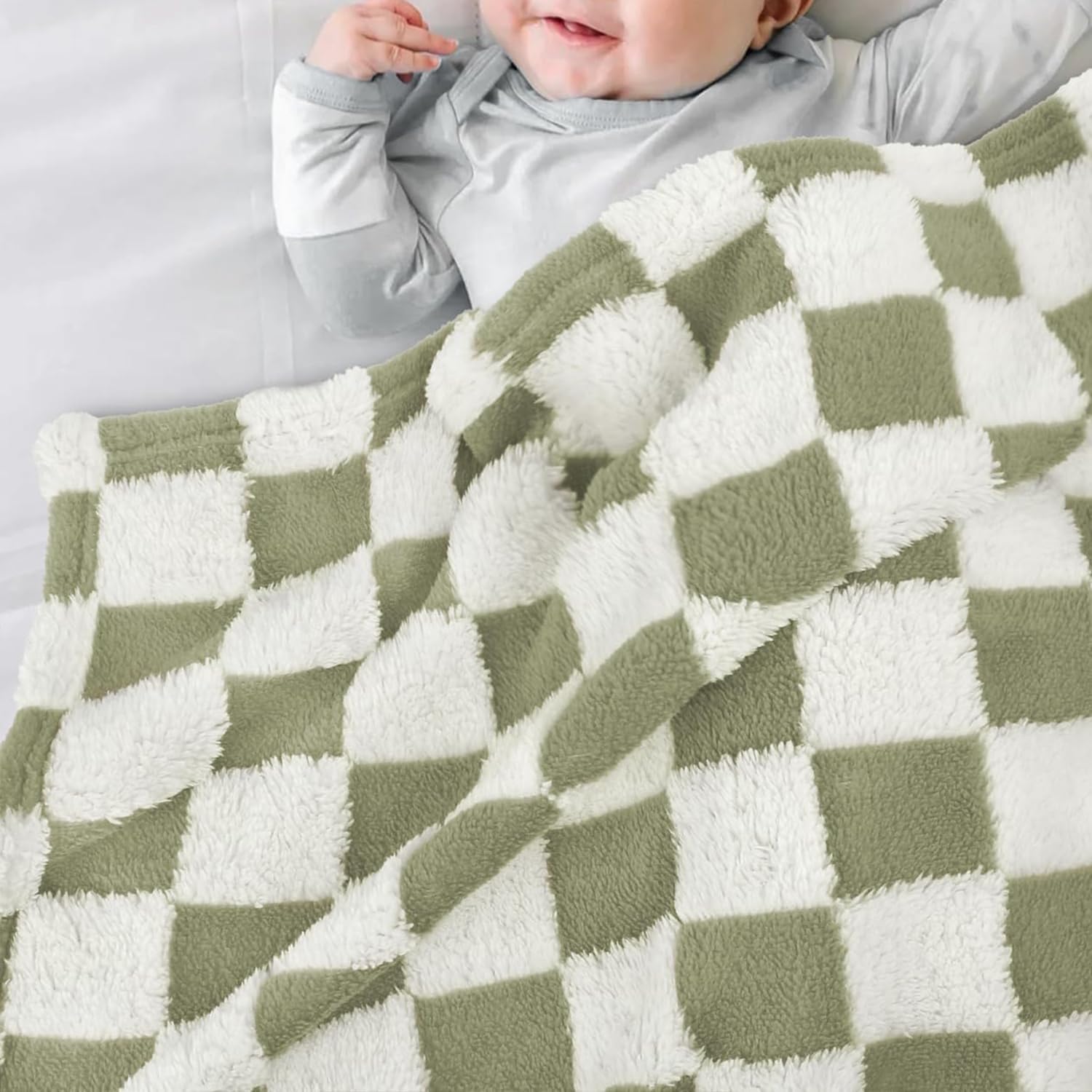HOMRITAR Checkered Baby Blankets for Boys Girls Warm Cozy Reversible Toddler Blanket, Fluffy Fuzzy Plush Bed Blanket with Chessboard Grid Design 350GSM Mustard Green 30 x 40 Inch