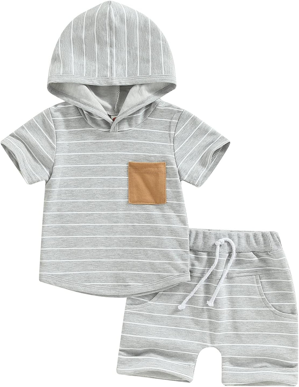 Toddler Baby Boy Summer Hooded Outfit Contrast Color Short Sleeve T Shirt Top Elastic Shorts Summer Clothes Set