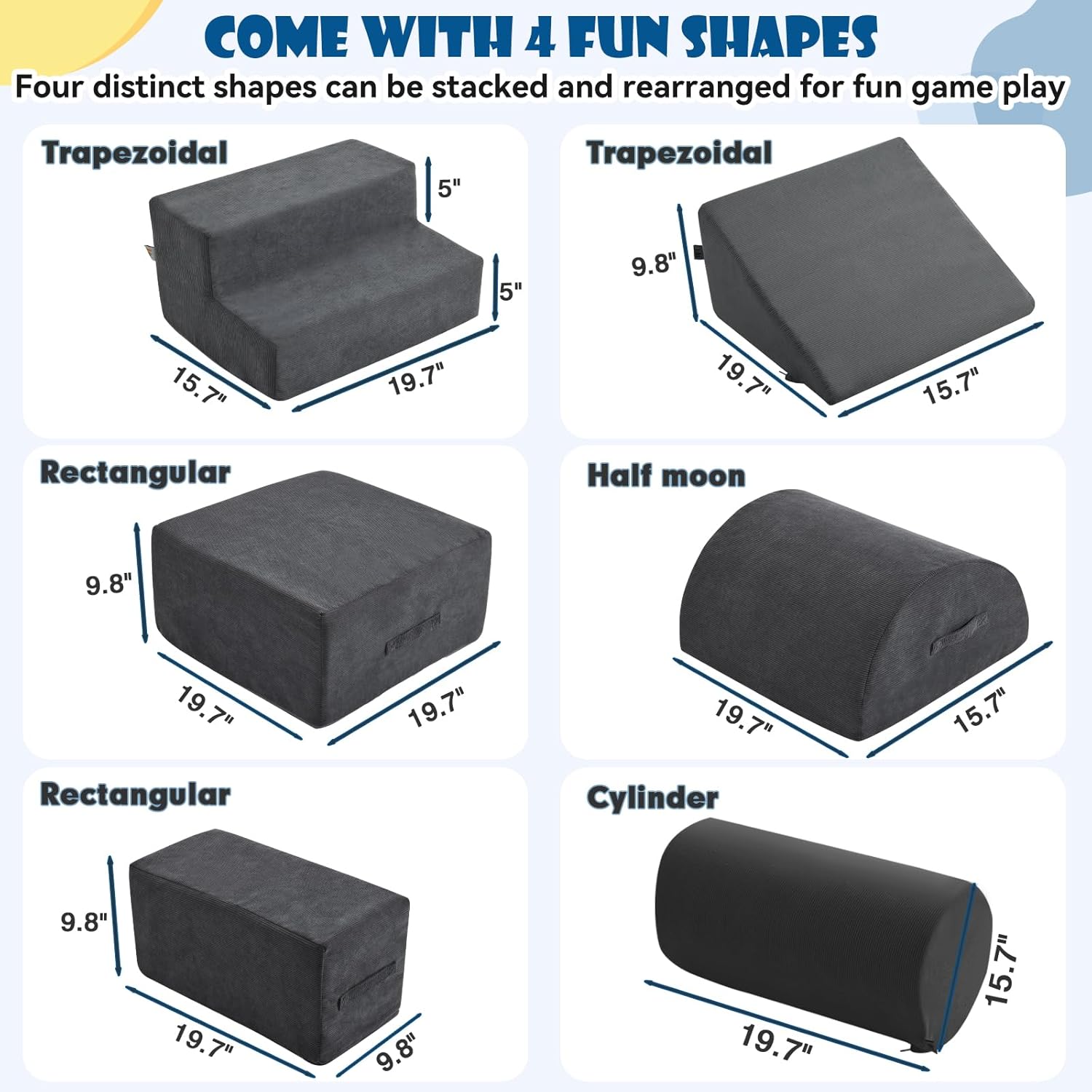 Jela Foam Blocks 6Pcs Soft Play Equipment Luxury Corduroy Fabric, Toddler Climbing Toys Indoor Soft Play for Toddlers