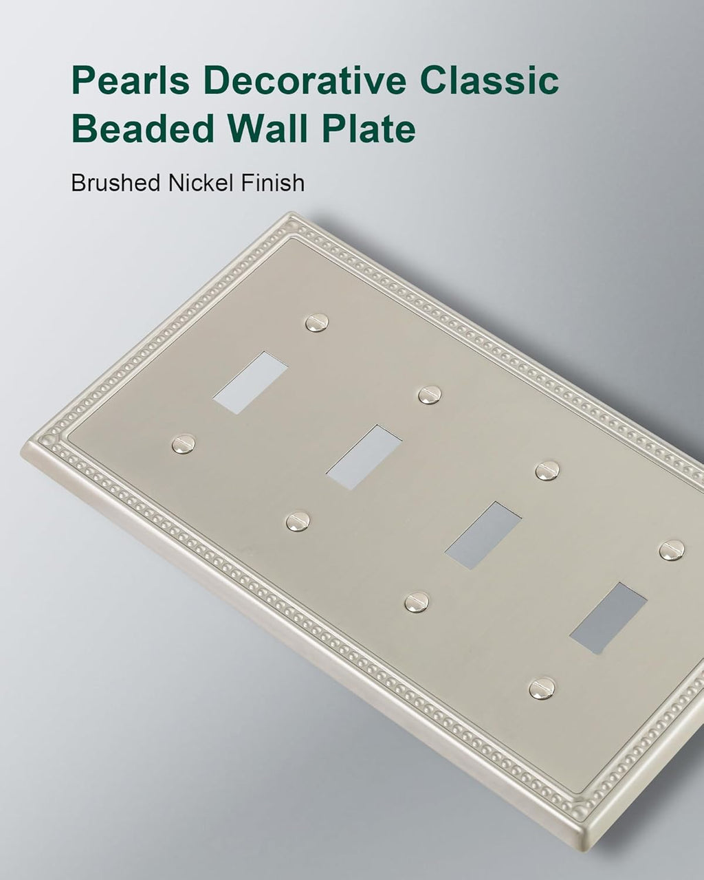 2-Pack Quad Toggle Light Switch Cover Plate, 4 Gang Metal Switch Plate Covers, Brushed Nickel Pearls Decorative Wall Plate, Corrosion Resistant