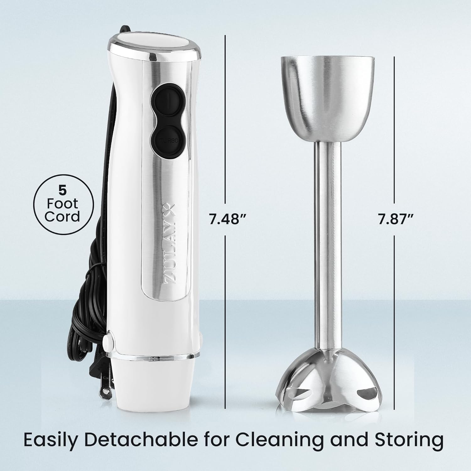 Zulay Immersion Stick Mixer Hand Blender - 800 Watts, Turbo Mode, 5-ft Power Electric Cord, Handheld Portable, Stainless Steel Blades - For Effortless Blending Smoothie, Soup, Baby Food, Puree - White