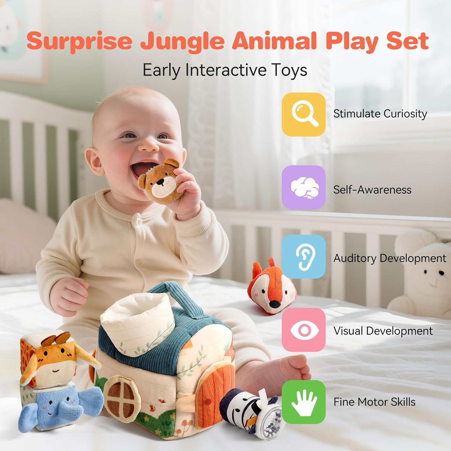 Youuys Baby Toys 6 -12 Months - Jungle Soft Stuffed Animal Set with Rattle, Crinkle Paper, Squeaker, Mirror - Toddlers Sensory Montessori Toy for 6 Month Old Babies, 1-3 Year Old Boy Girl Gifts