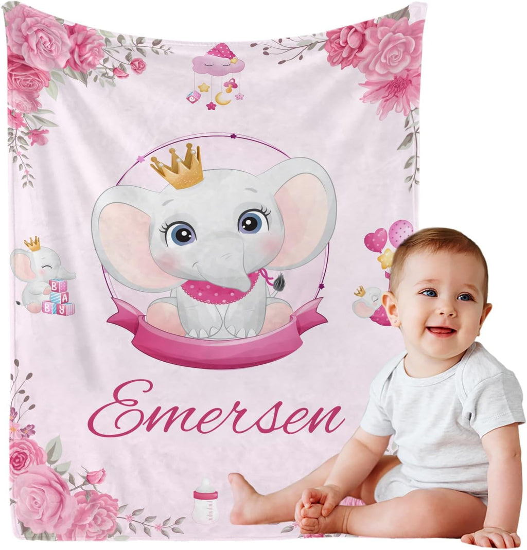 Personalized Baby Blanket with Name, Custom Pink Elephant Name Blanket Toddler Girls Soft Flannne Swaddling Blankets Customized Memorial Gift from Nana for Infant Newborn Shower