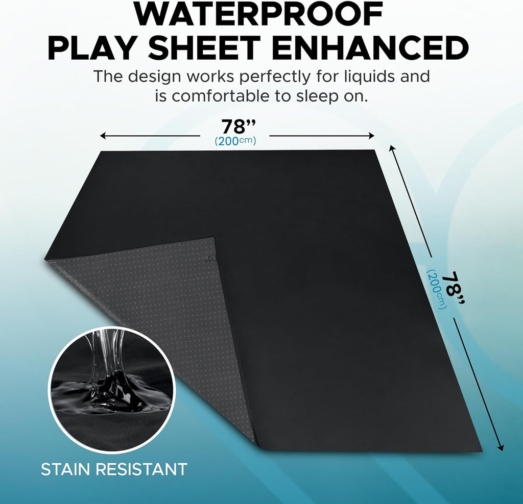 Black Waterproof Flat Play Sheet (79”x79”), Anti-Slip Mattress Topper with Strengthened Grip, Protector Cover, Safe with Oil, Water, & Silicone-Based Massage Products, Hypoallergenic, Machine Washable