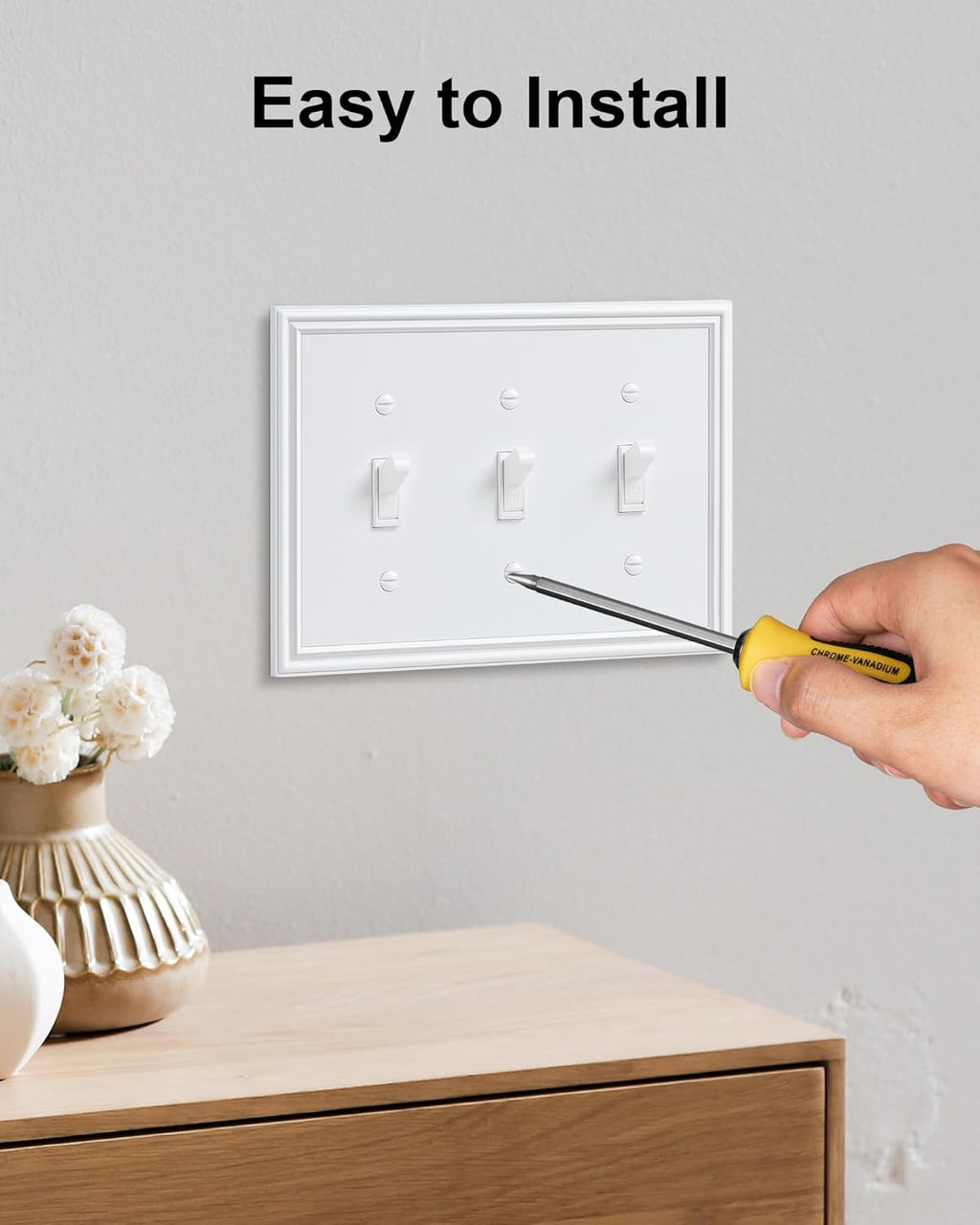 2-Pack Triple Toggle Light Switch Cover Plate, Durable Solid Zinc Alloy Decorative Switch Plate Covers, Pure White 3 Gang Wall Plate, Corrosion Resistant