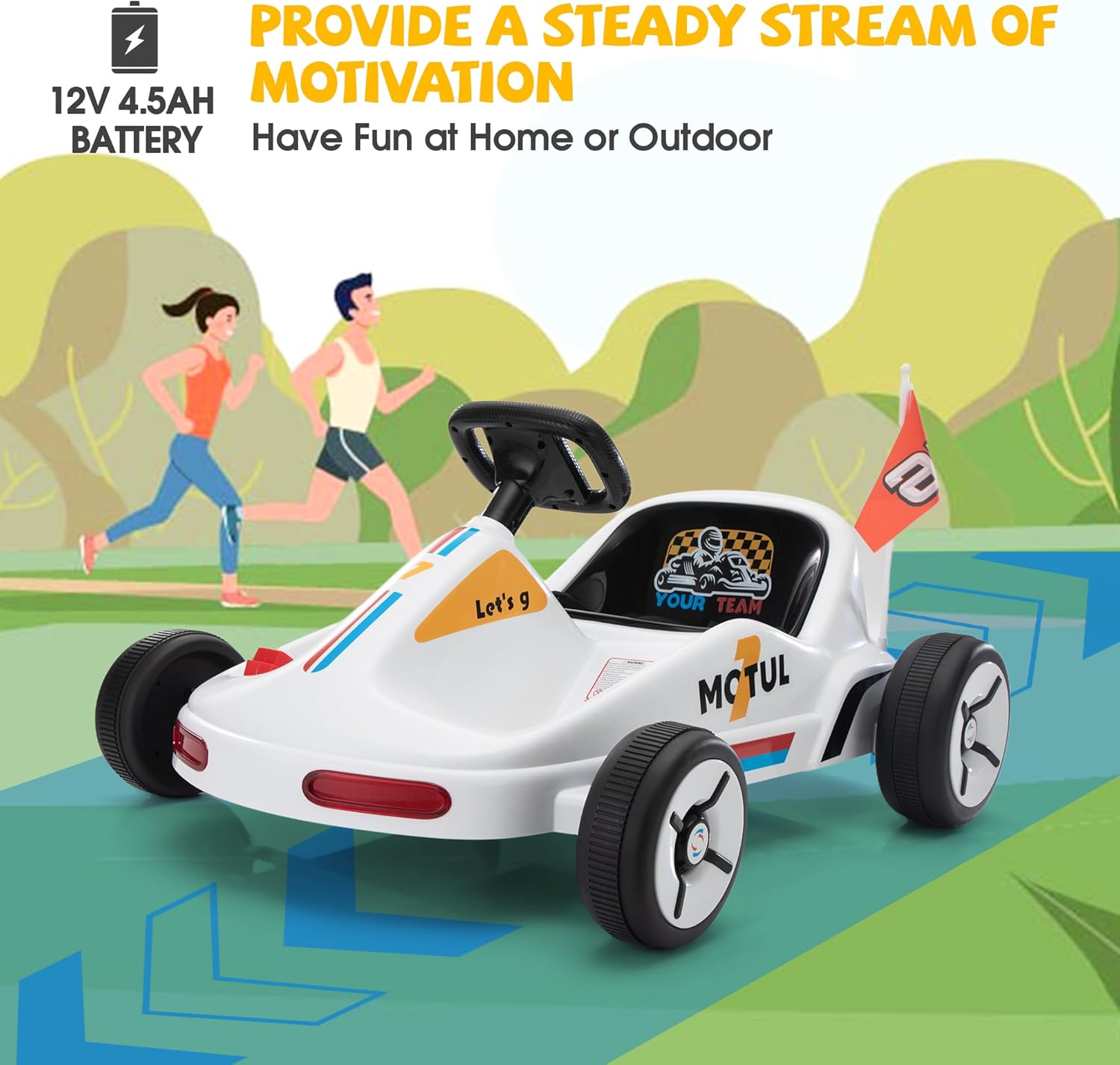 TOBBI 12V Electric Go Kart for Kids Battery Powered Ride on Car Outdoor Race Toy with Remote Control, Safety Belt, Music, LED Lights and Flags for Toddlers 3-8 Years, White