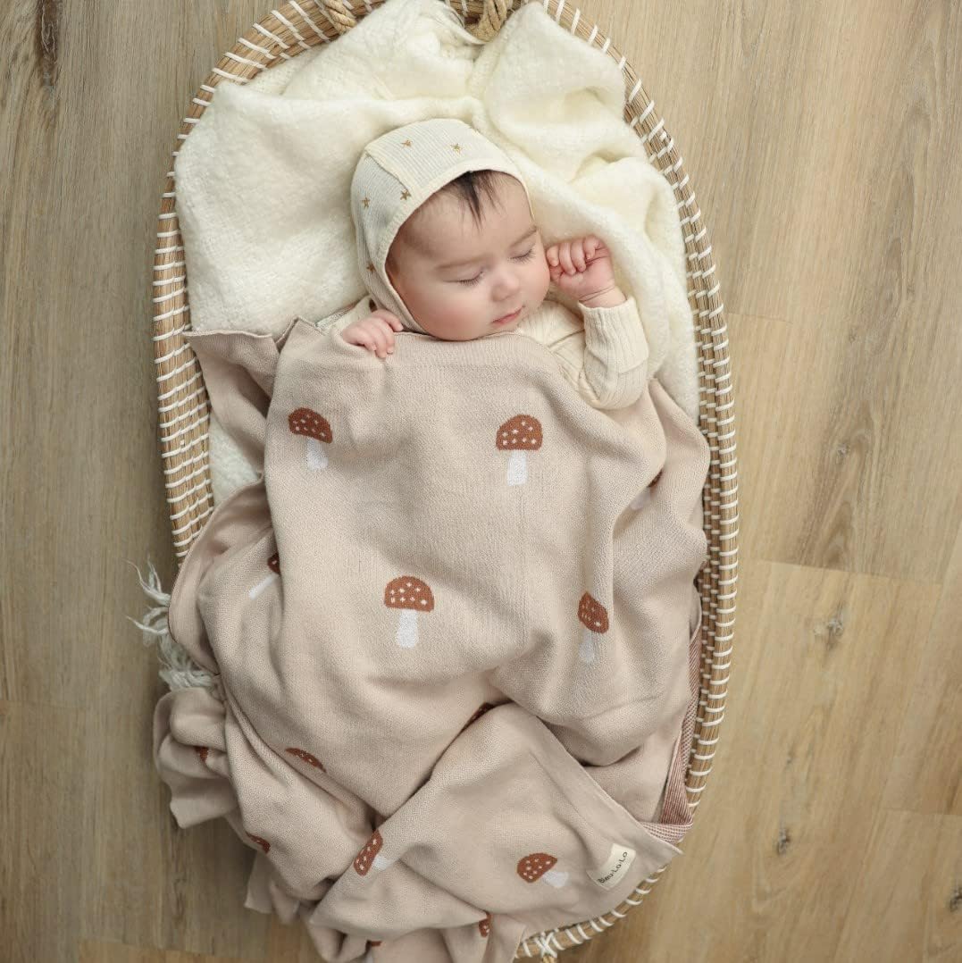 Knit Baby Blanket for Girls and Boys 100% Cotton Buttery Soft Cozy Receiving Swaddle Crib Stroller Blanket for Shower Gift Registry for Newborns, Infants, Toddlers (Mushroom - Mocha)