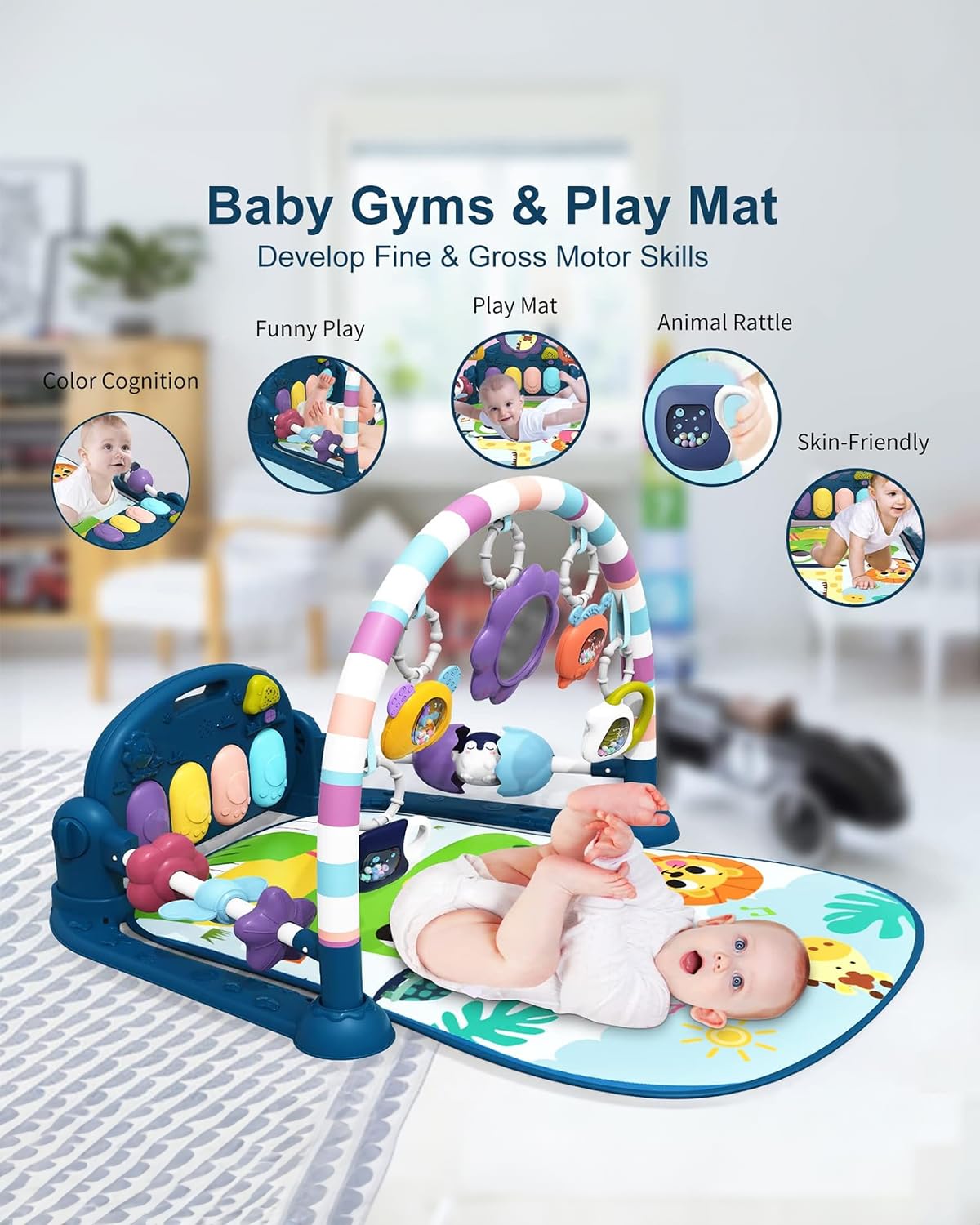 dearlomum Baby Play Mat Gym,Funny Play Piano Tummy Time Activity Mat with 5 Infant Sensory Toys & 4 Wrist Rattle Socks, Boy & Girl Gifts for Newborn 0 to 3 6 9 12 Months(Blue)