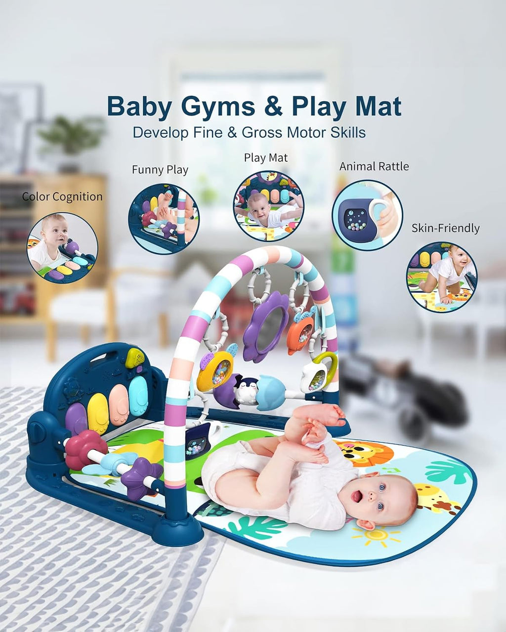 dearlomum Baby Play Mat Baby Gym,Funny Play Piano Tummy Time Baby Activity Mat with 5 Infant Sensory Baby Toys, Music and Lights Boy & Girl Gifts for Newborn Baby 0 to 3 6 9 12 Months（New Blue）
