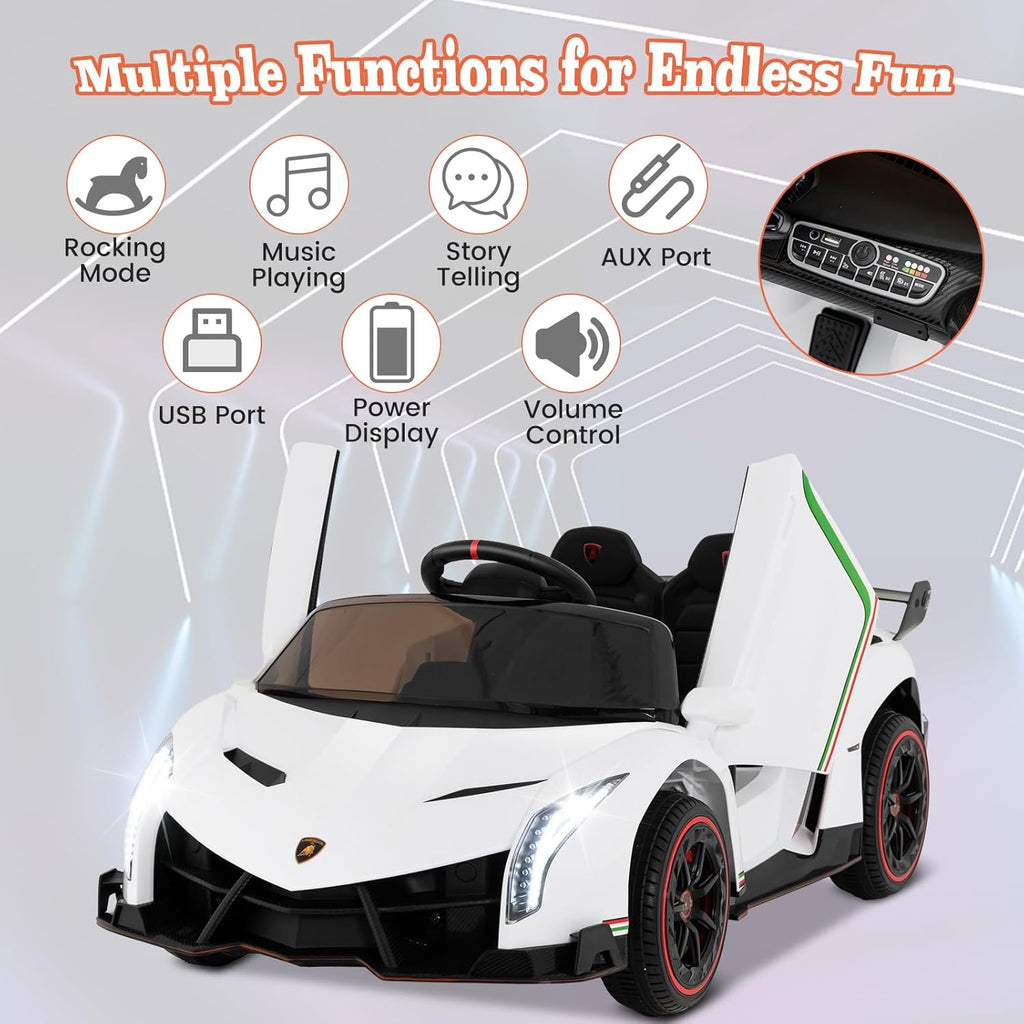 Costzon Ride on Car, Lamborghini Licensed 12V Battery Powered 4WD Sports Car with Remote Control, 3 Speeds, Hydraulic Doors, LED Lights, Towing Wheel, Horn, Music, Electric Vehicle for Kids Aged 3-8