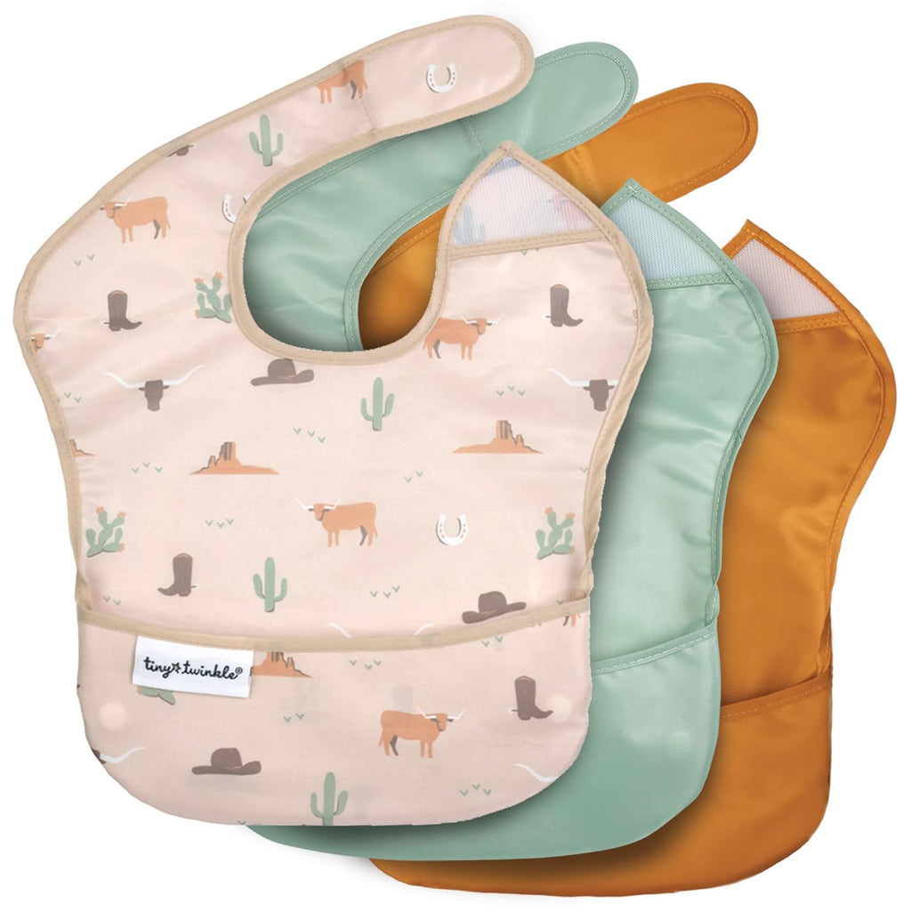 Tiny Twinkle Mess Proof Baby Bibs for Eating - Waterproof, Wipeable Bibs - Toddler Bibs - Travel Friendly - PFAS, PVC, BPA, Phthalate Free - Baby Food Bibs(3 Pack,Cowboy)