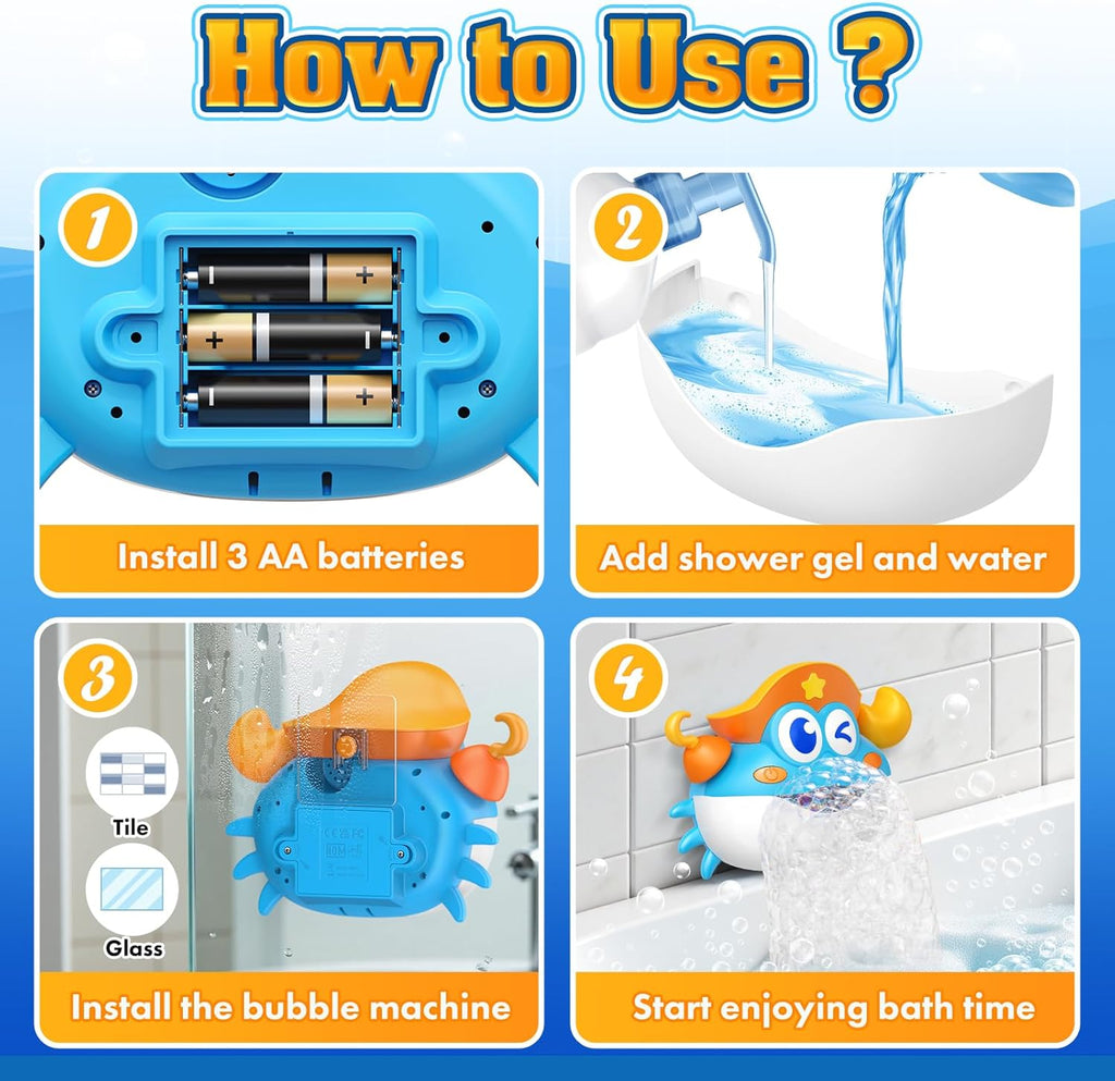 Baby Bath Toys,Light Up Crab Bubble Machine Blower with LED Lights,3 Cute Wind-Up Bath Toys for Kids Ages 1-3 4-8 Toddler Bathub Toy Great Birthday Gifts for Kids