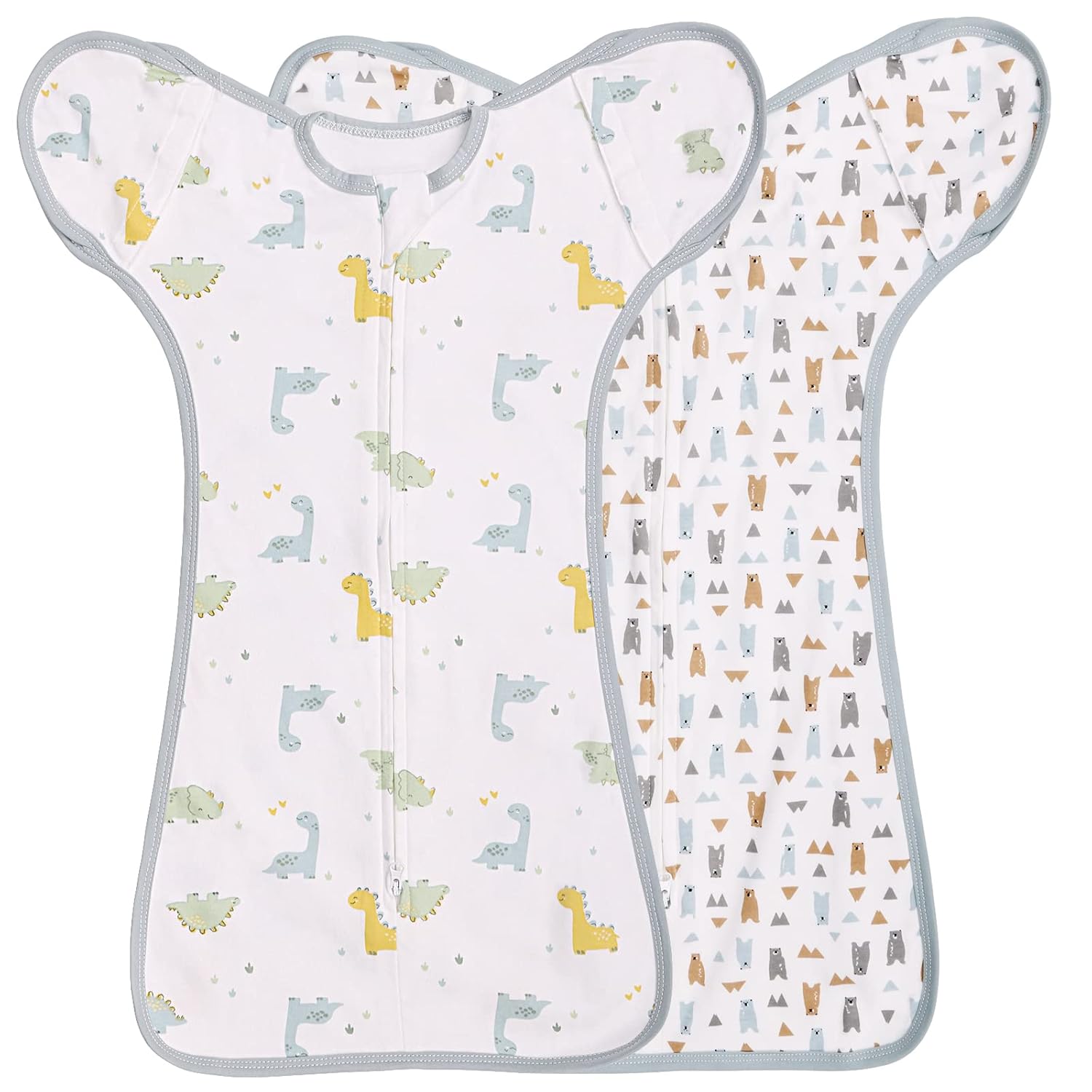 2 Pack Transition Swaddle with 2 Way Zipper, 2 in 1 Arms in/Out Transitional Arms Up Swaddle, 100% Cotton Newborn Swaddles Zipper Swaddles Baby Swaddling Sack Sleeping Sack 3-6 Months, Dinosaur & Bear