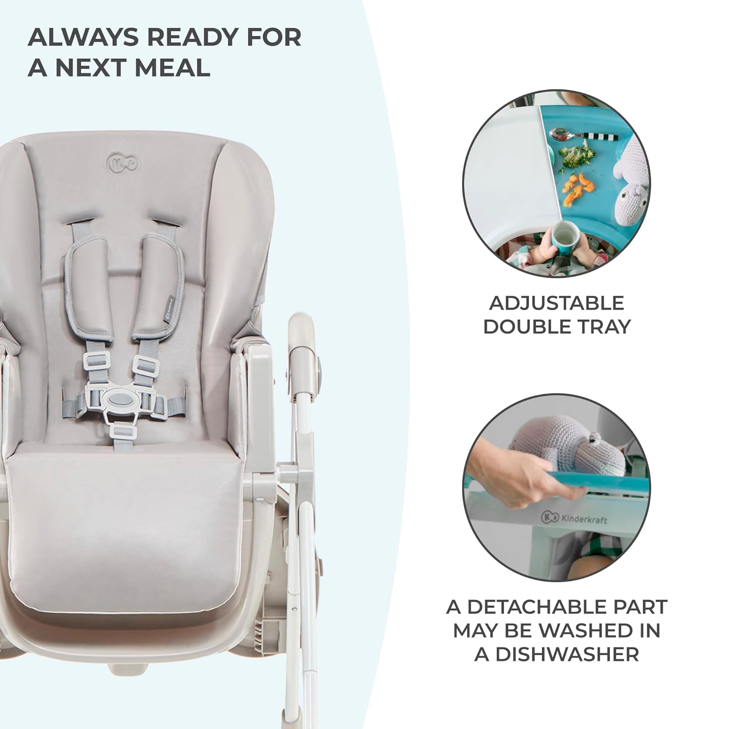 Kinderkraft Highchair Yummy, Baby Chair, Ergonomic, Comfortable, Reclining, Foldable, with Ajustable Height, Footrest, Detachable Double Tray, for Toddler, from 6 Month to 3 Years, Gray