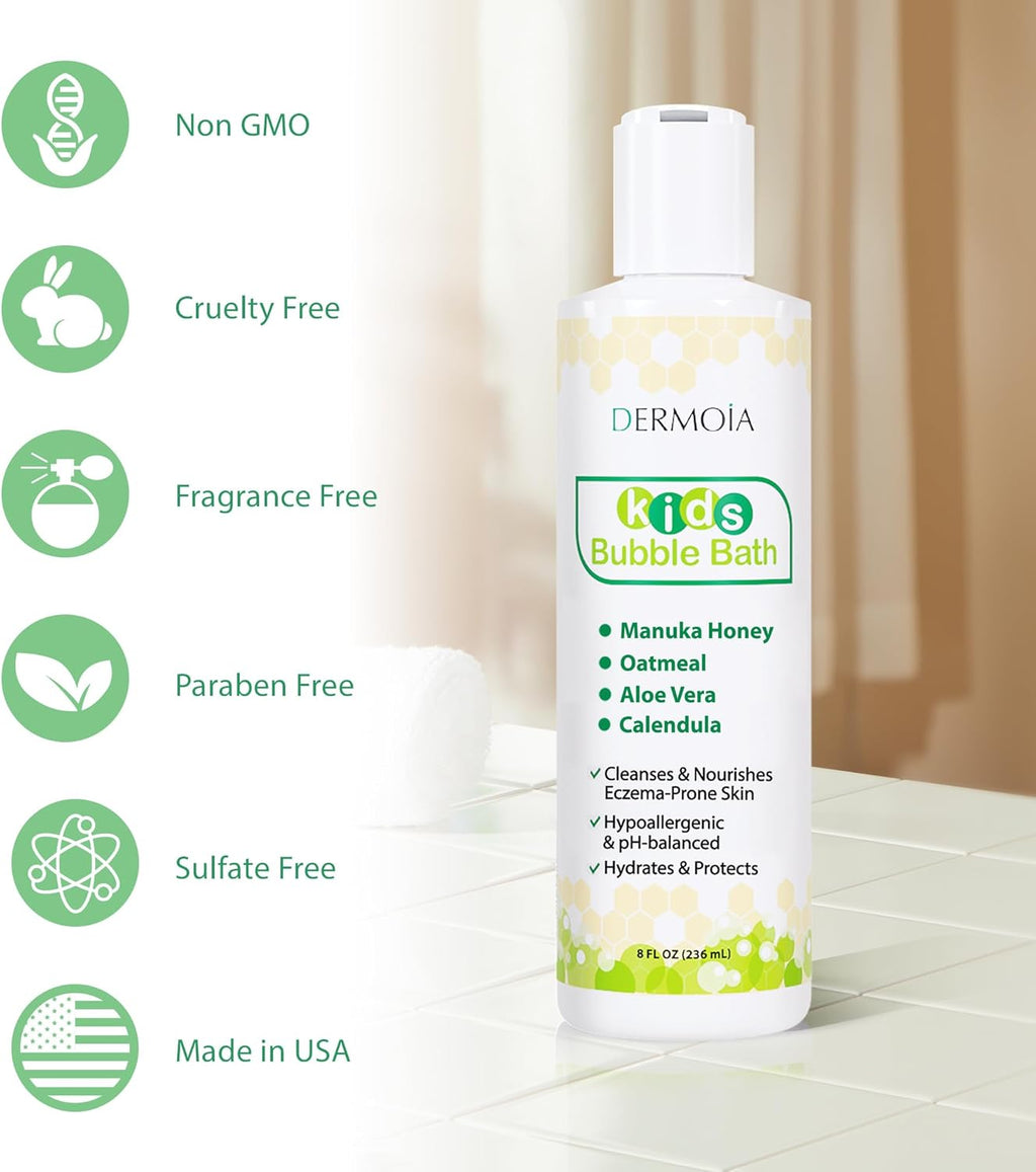 Kids Bubble Bath for Sensitive Skin & Eczema Relief - Baby Bubble Bath with Manuka Honey, Aloe Vera, Colloidal Oatmeal and Calendula - Kids Soap with Botanical Extracts for Sensitive Skin