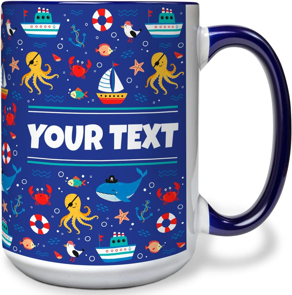 Personalized Mug for Kids - Nautical - Custom Name/Text, Ceramic Hot Chocolate/Cocoa/Coffee Cup for Boys/Girls, Birthday/Christmas/Holiday Gift - 15 oz, Navy Blue Handle