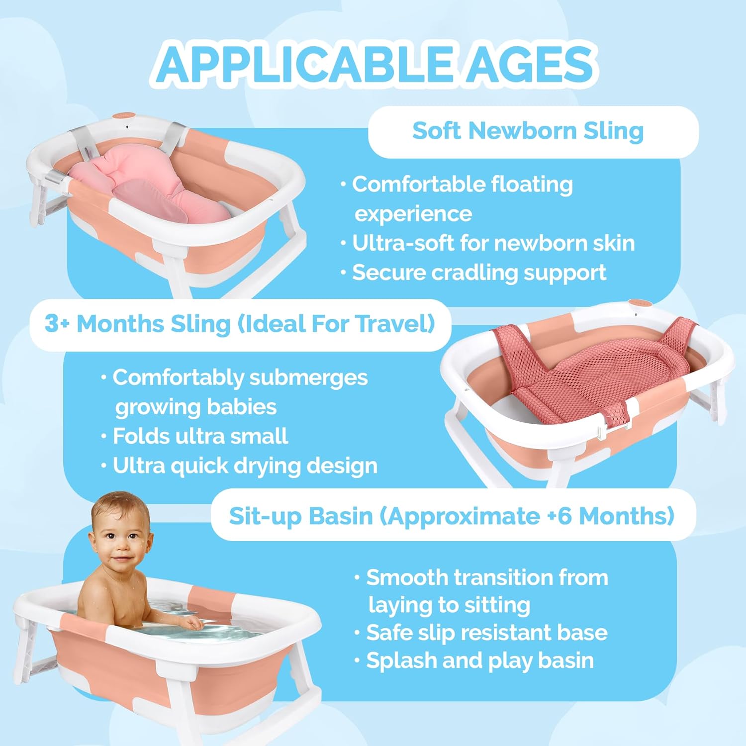 BEBELEH™ Collapsible Baby Bathtub with Thermometer – Bathtub + Baby tub Sling + Newborn Sling – Baby Bathtub Newborn to Toddler 0-24 Months – The Ultimate Baby Bath tub! (with Thermometer,Pink)