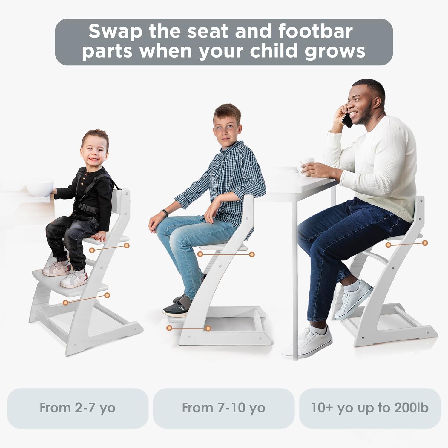 FORNEL Modern White Wooden High Chair | The Forever Chair That Grows from Toddler to Adult (200 lb) | Sleek, Easy-to-Clean Scandinavian Design
