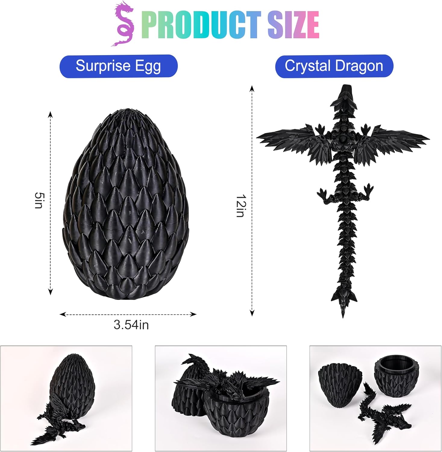 12inch Fly Dragon Egg, Year of The Dragon, 3D Printed Dragon, Executive Desk Toys, Articulated Dragon, Fidget Toys Gifts for Graduates Students Teachers Adults (Black)