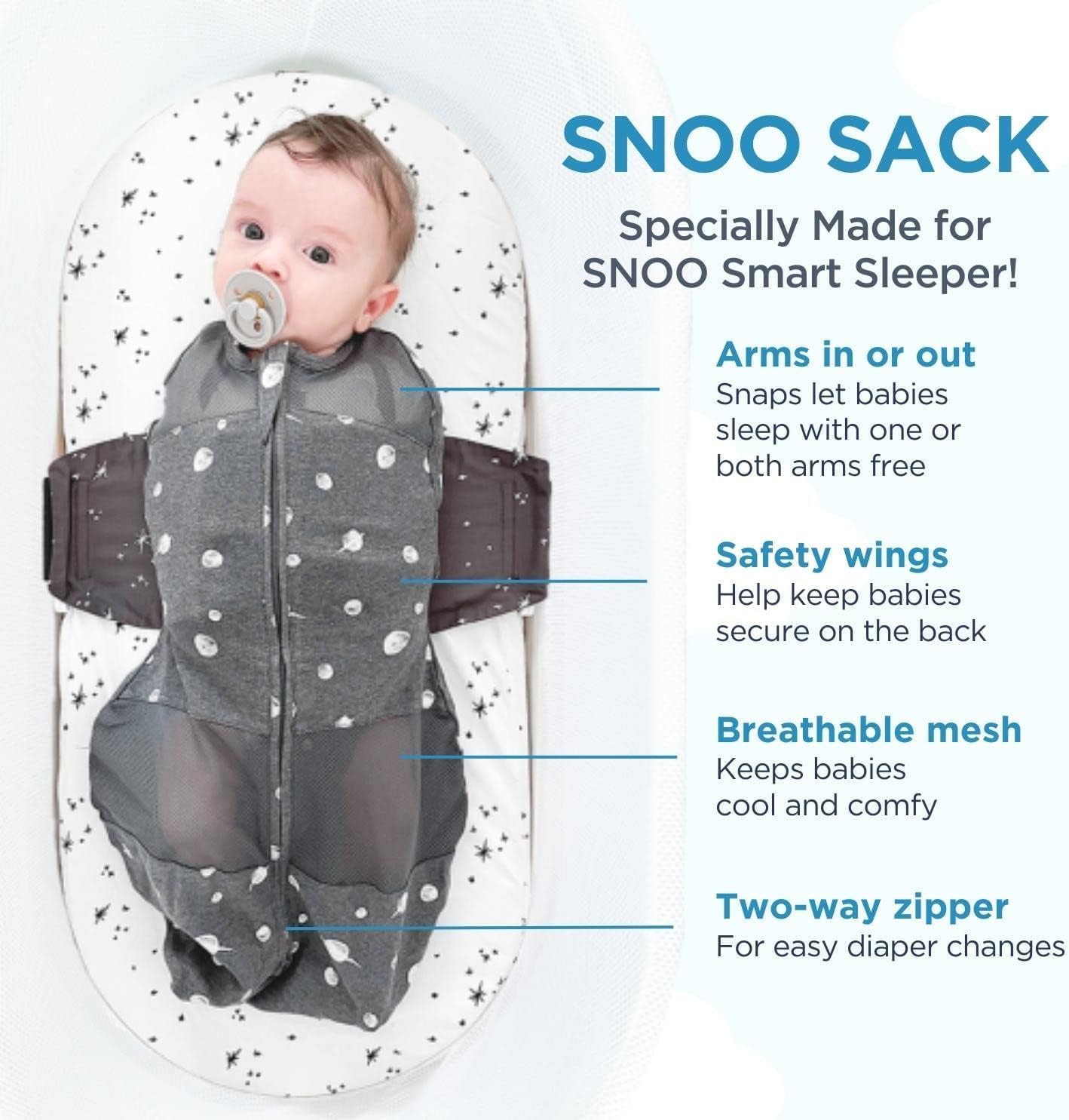 Happiest Baby SNOO Sleep Sack - 100% Organic Cotton Baby Swaddle Blanket - Doctor Designed Promotes Healthy Hip Development (Charcoal Stars, X-Large)