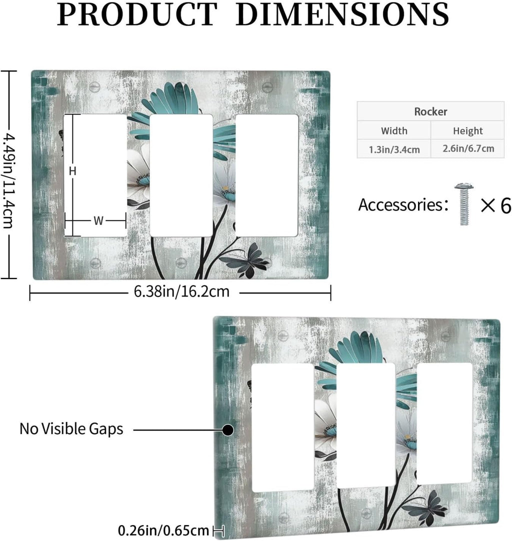 Light Switch Covers Rustic Teal Daisy Floral Flowers Butterfly Wood Grain 3 Gang Rocker Electrical GFCI Decorative Triple Outlet Wall Plate Cover Switchplate for Bathroom Bedroom Decor