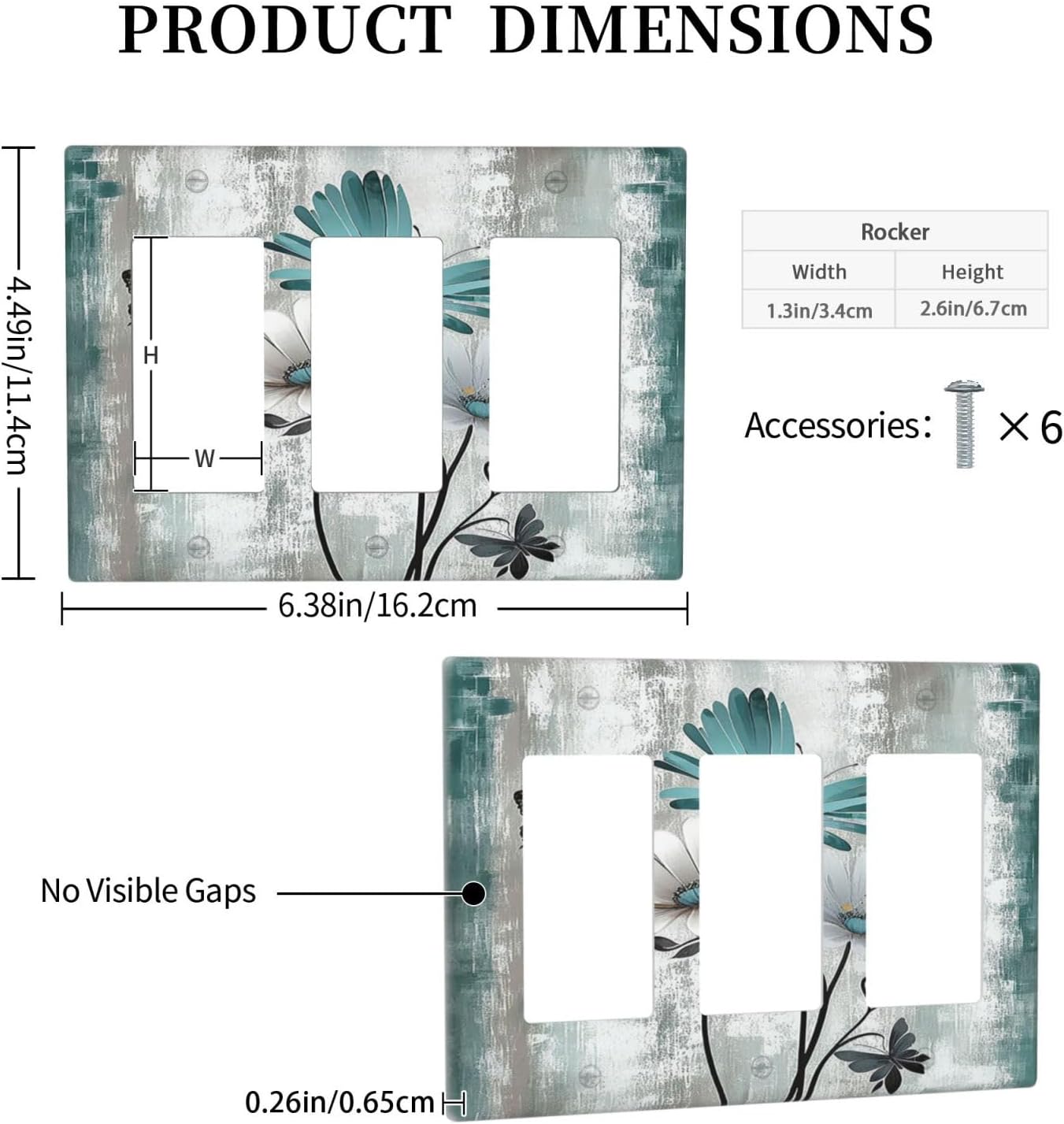 Light Switch Covers Rustic Teal Daisy Floral Flowers Butterfly Wood Grain 3 Gang Rocker Electrical GFCI Decorative Triple Outlet Wall Plate Cover Switchplate for Bathroom Bedroom Decor