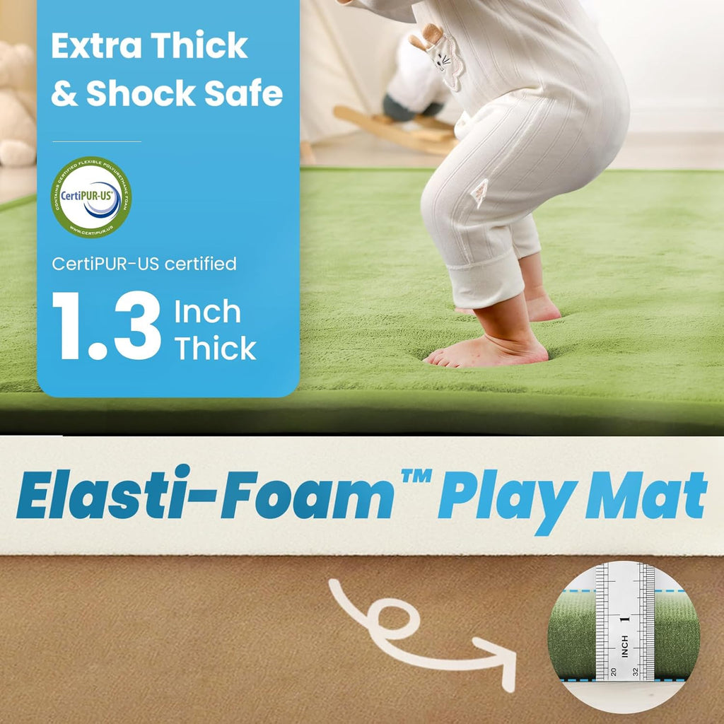 Ultra Soft Baby Play Mat,1.3" Thick Elasti-Foam Tummy Time Mat for Infants,Toddlers,Kids,Water-Repellent Coral Fleece Nursery Rug,Non-Slip Safe for Crawling&Hardwood Floors(Olive Green)
