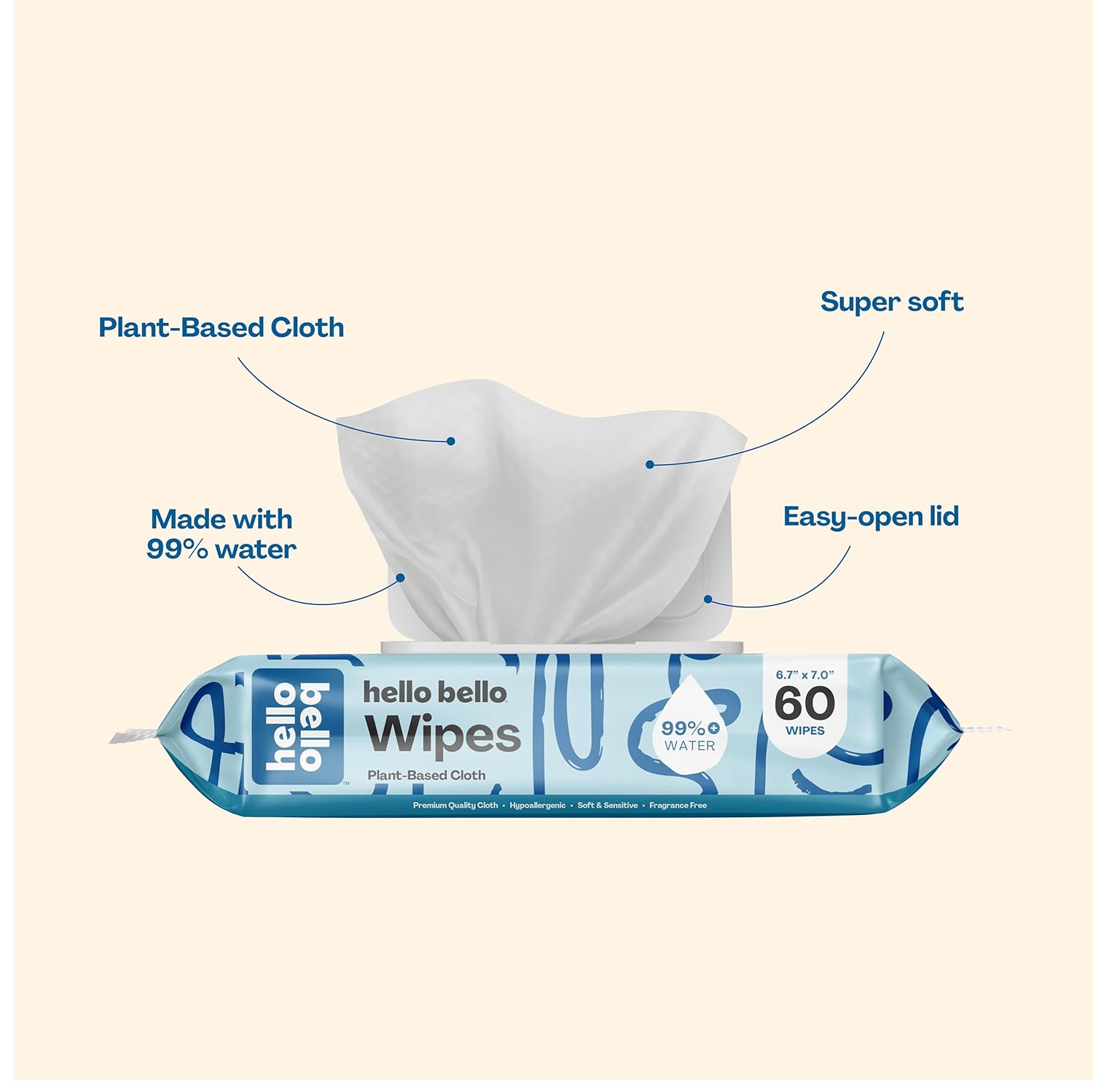 Hello Bello Extra Gentle Unscented Baby Wipes, Plant Based, Made with 99% Water and Aloe for Babies and Kids, 60 Count (Pack of 9) Total 540 Count