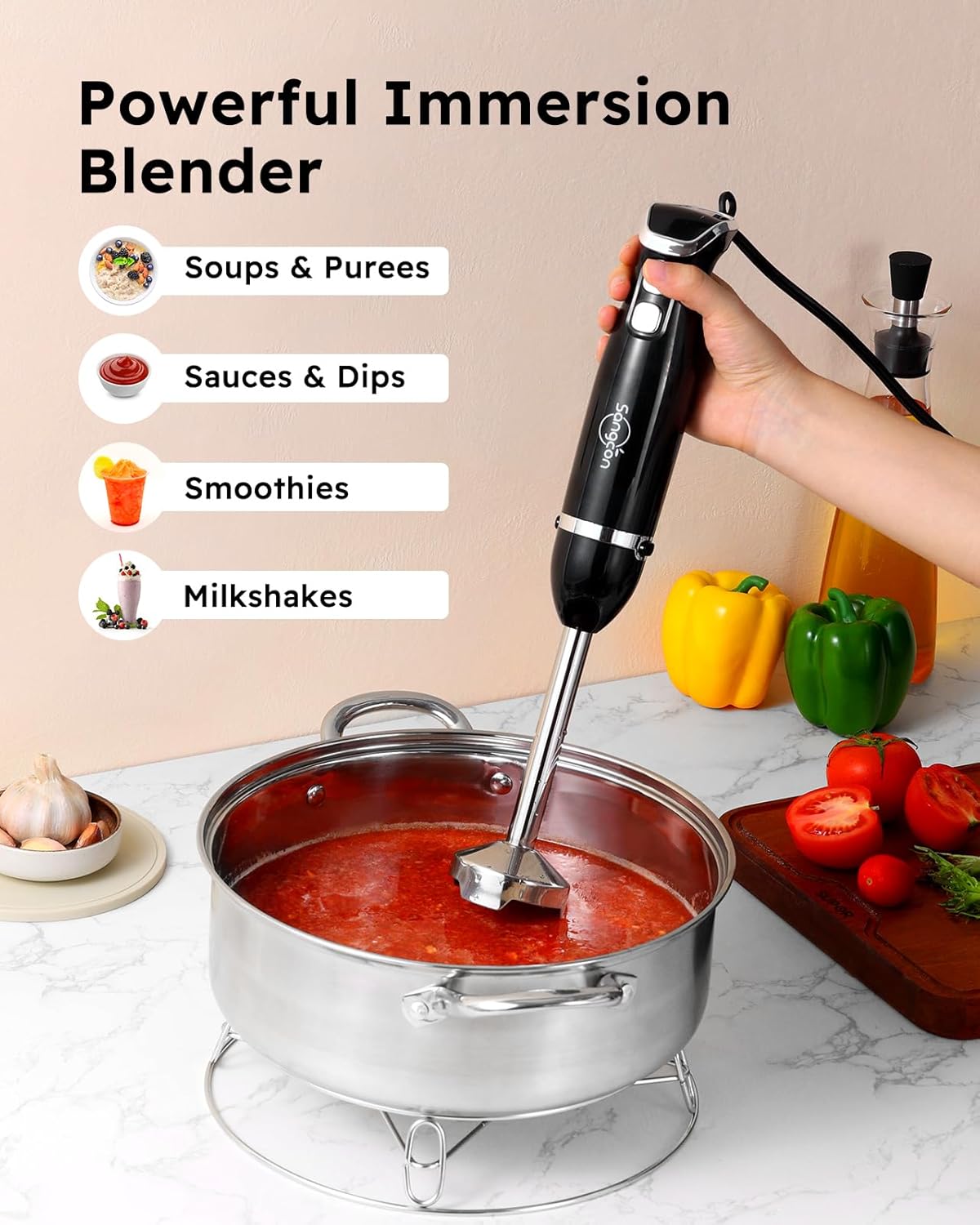 Sangcon Immersion Blender Handheld, 3-in-1 Hand Blender Electric, 400W Handheld Blender, Stainless Steel Blade Stick Mixer with Whisk, Milk Frother Attachments - Black