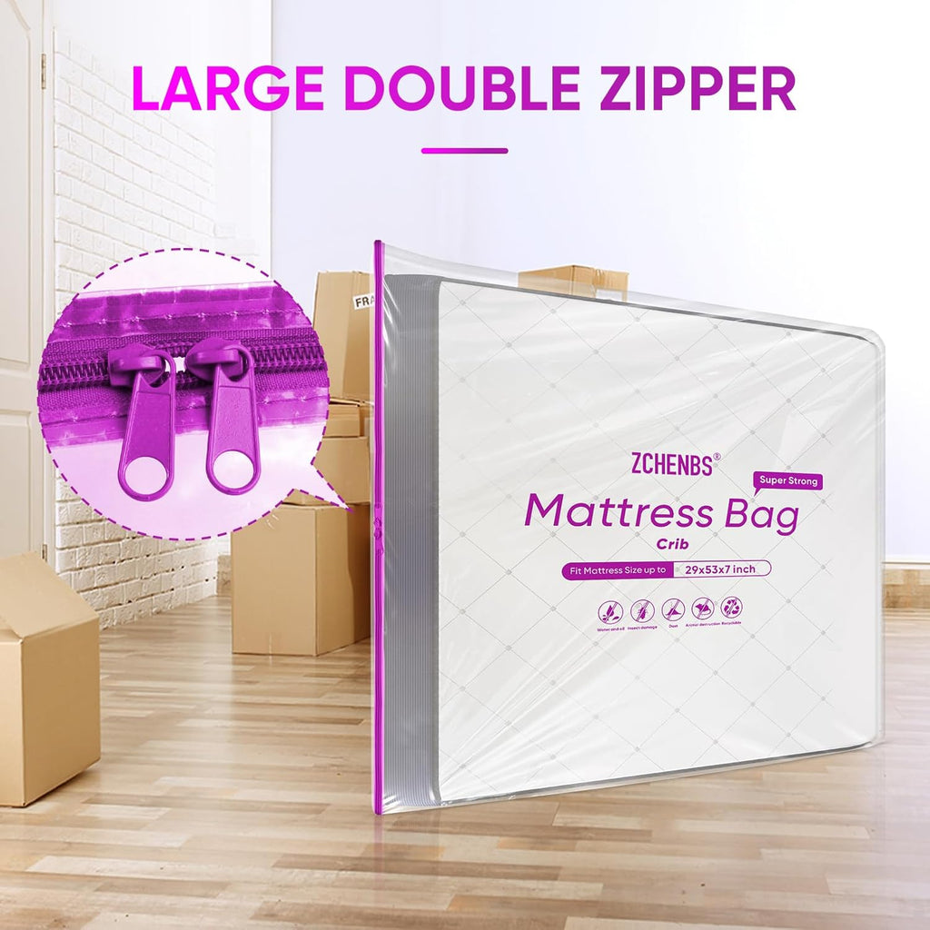 ZCHENBS® – Mattress Bags for Moving and Storage,Mattress Bag with Zippers,5 Mil Ultra-Thick Bed Bag,Waterproof,Anti-Tear,Heavy-Duty Mattress bag (Tansparent/Purple, Crib-(1 Pack))
